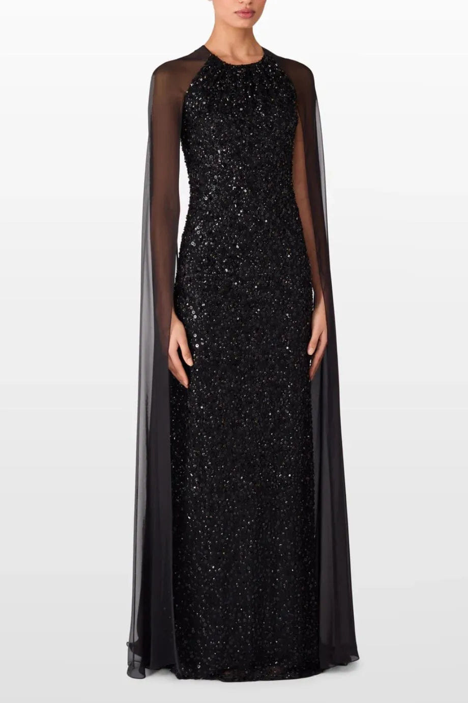 Jenny Packham Elite Sequins Embellished Cape Evening Gown in Black