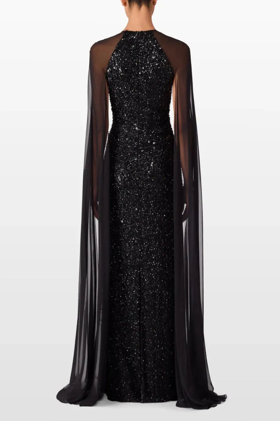 Jenny Packham Elite Sequins Embellished Cape Evening Gown in Black
