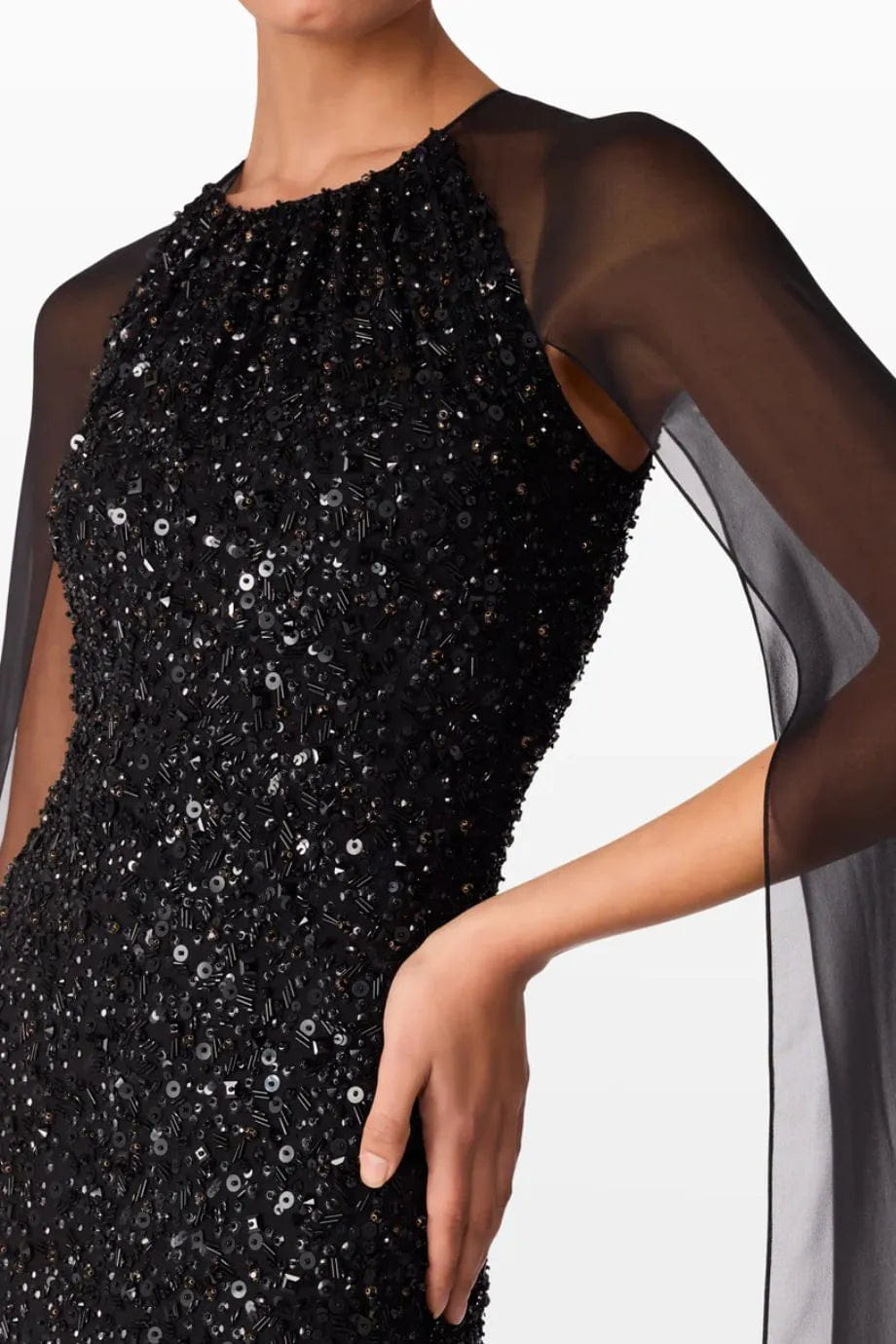 Jenny Packham Elite Sequins Embellished Cape Evening Gown in Black