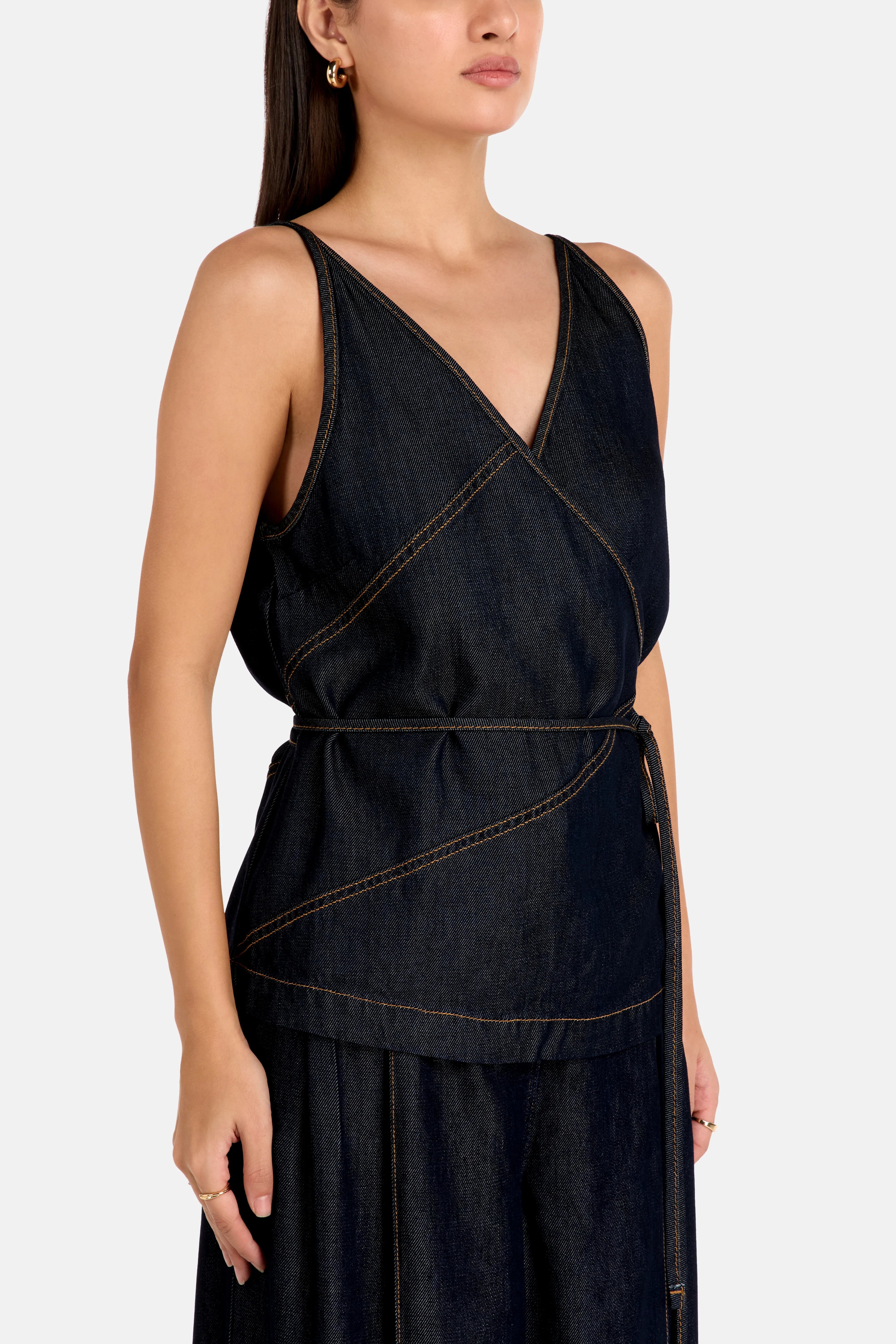 IRO Renata V Neck Denim Sleeveless Top in Blue