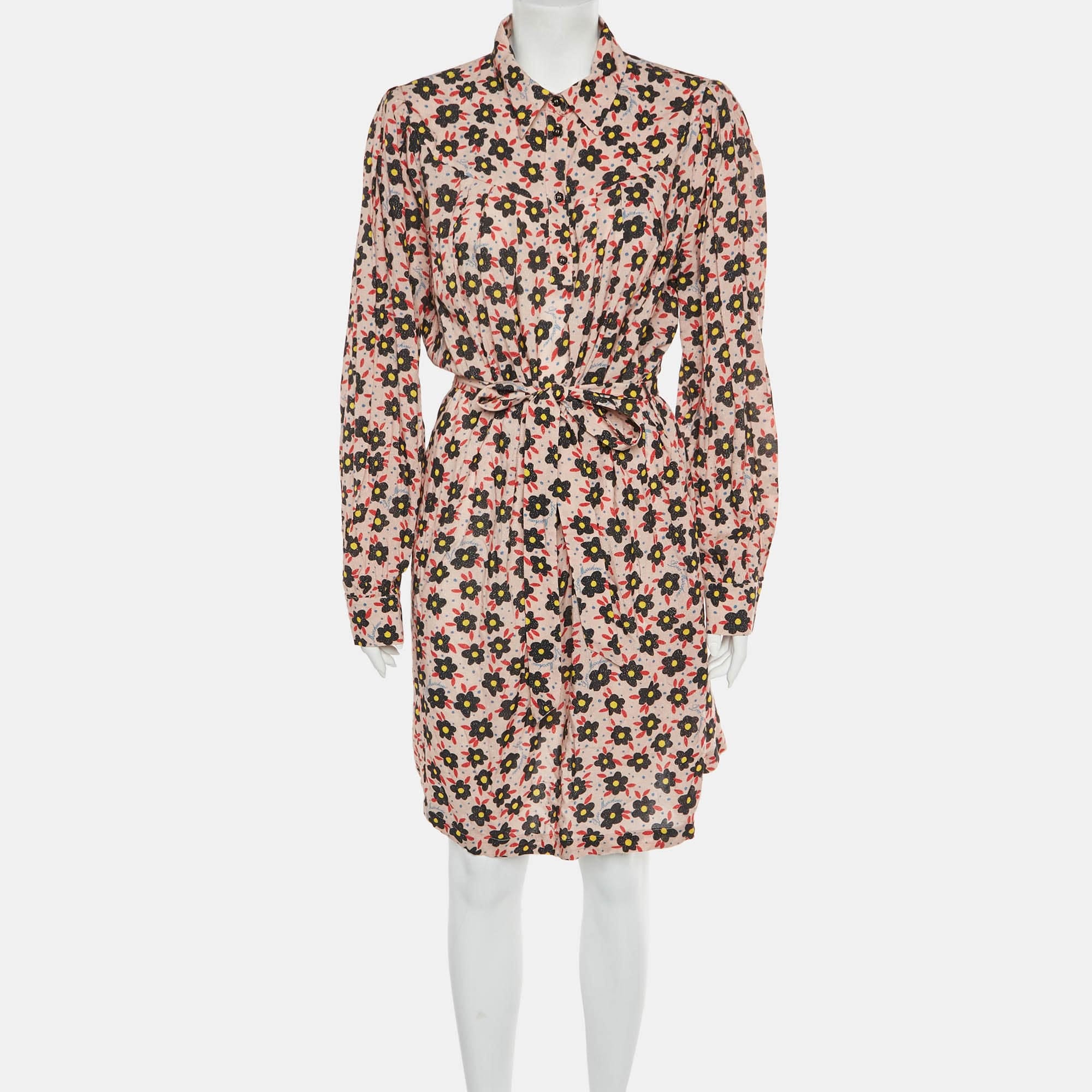 Love Moschino Light Pink Floral Print Lurex Long Sleeves Mini Dress