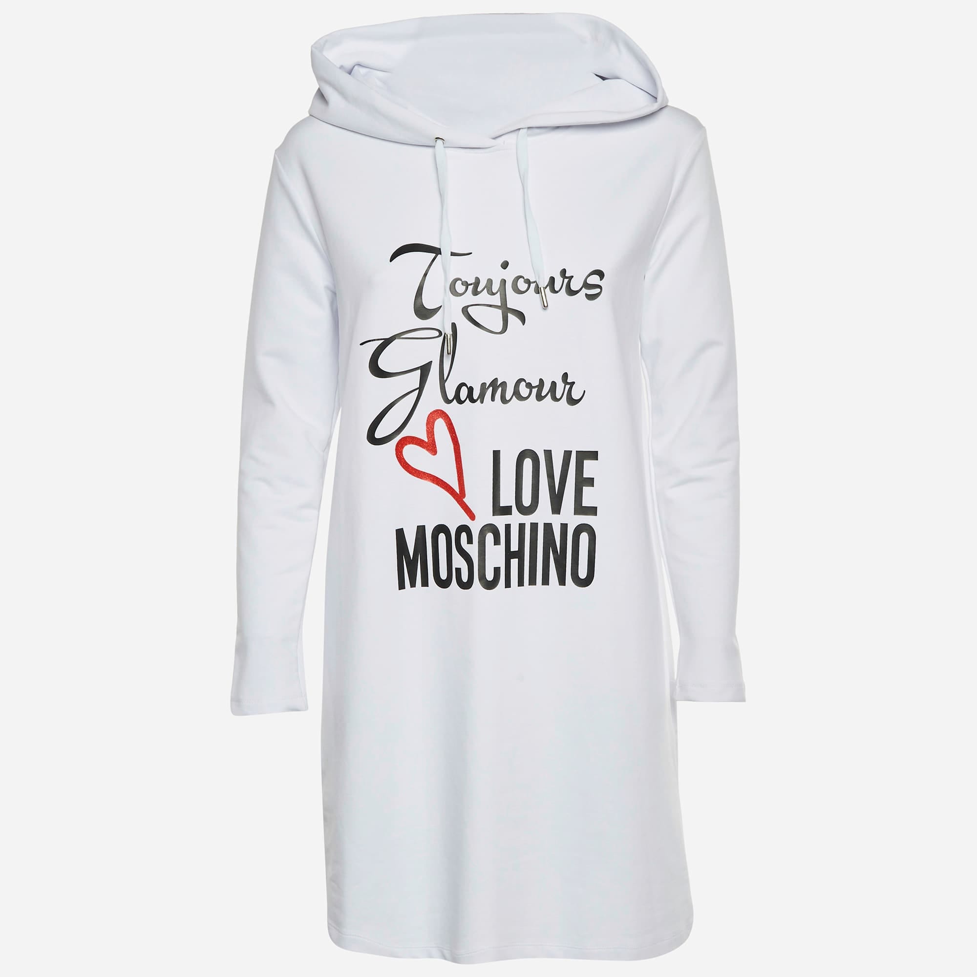 Love Moschino White Logo Print Cotton Knit Hooded Sweatshirt Dress