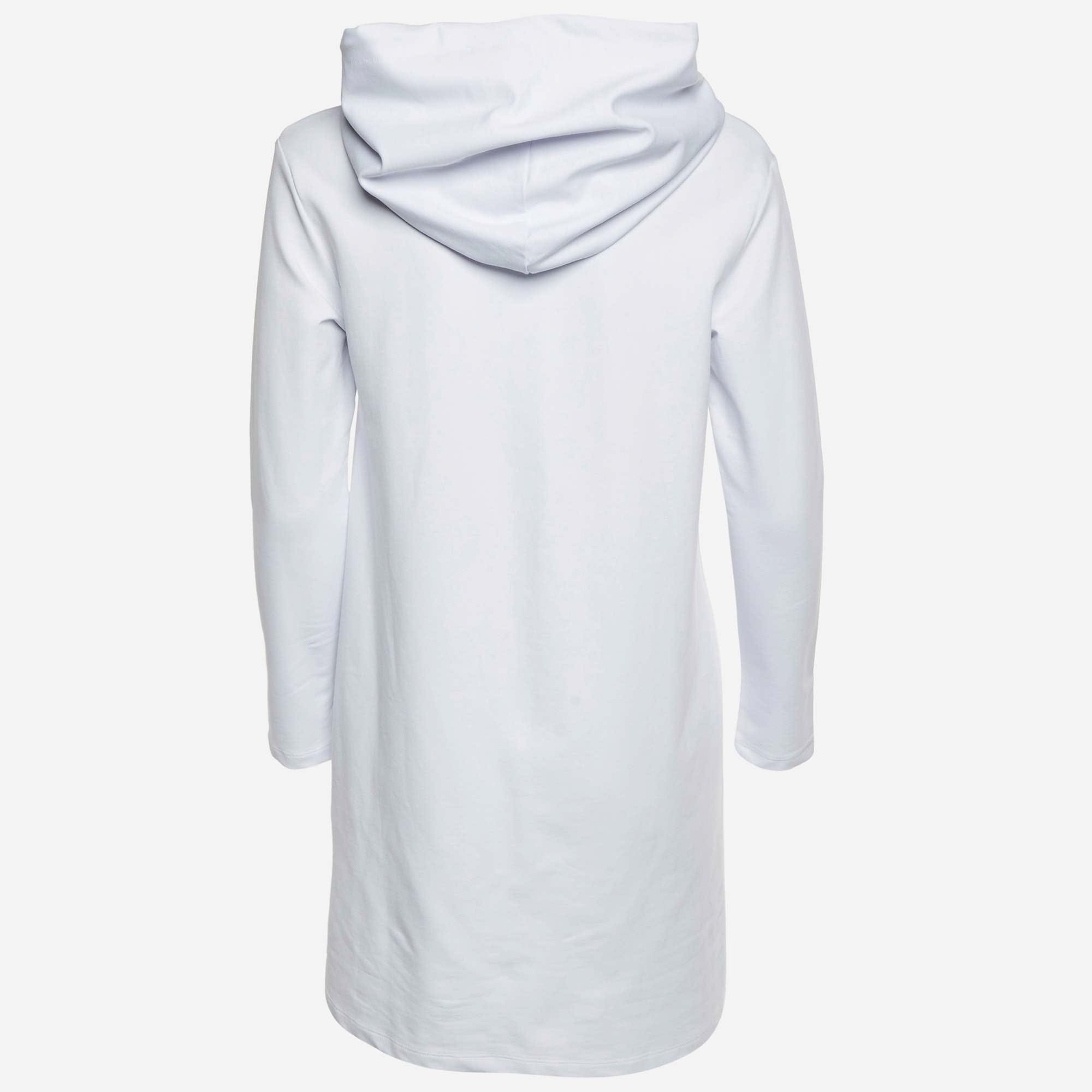 Love Moschino White Logo Print Cotton Knit Hooded Sweatshirt Dress