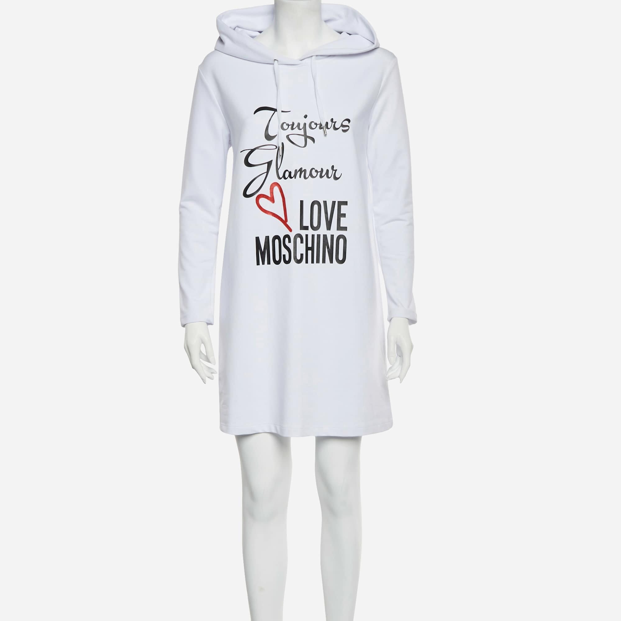 Love Moschino White Logo Print Cotton Knit Hooded Sweatshirt Dress