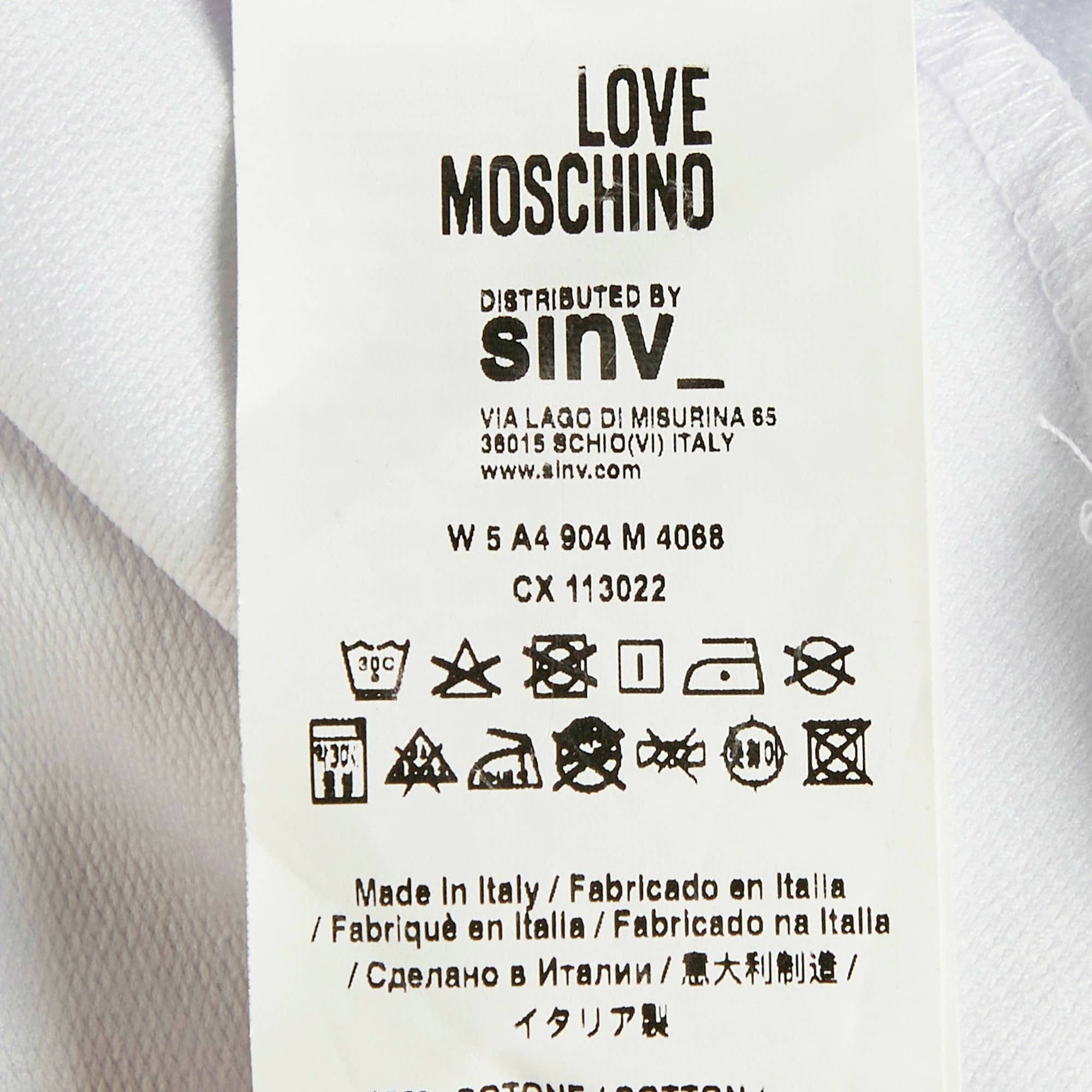 Love Moschino White Logo Print Cotton Knit Hooded Sweatshirt Dress