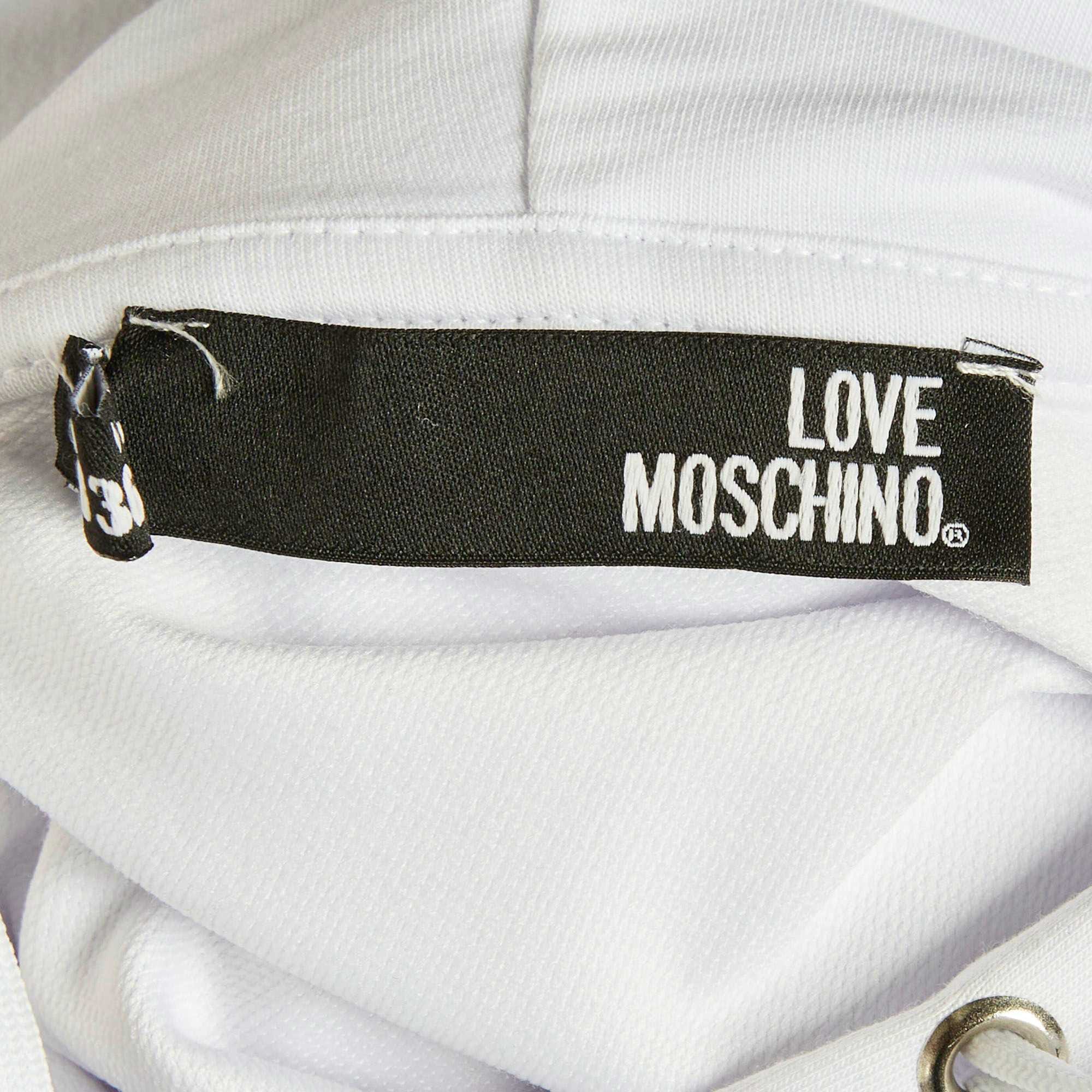 Love Moschino White Logo Print Cotton Knit Hooded Sweatshirt Dress