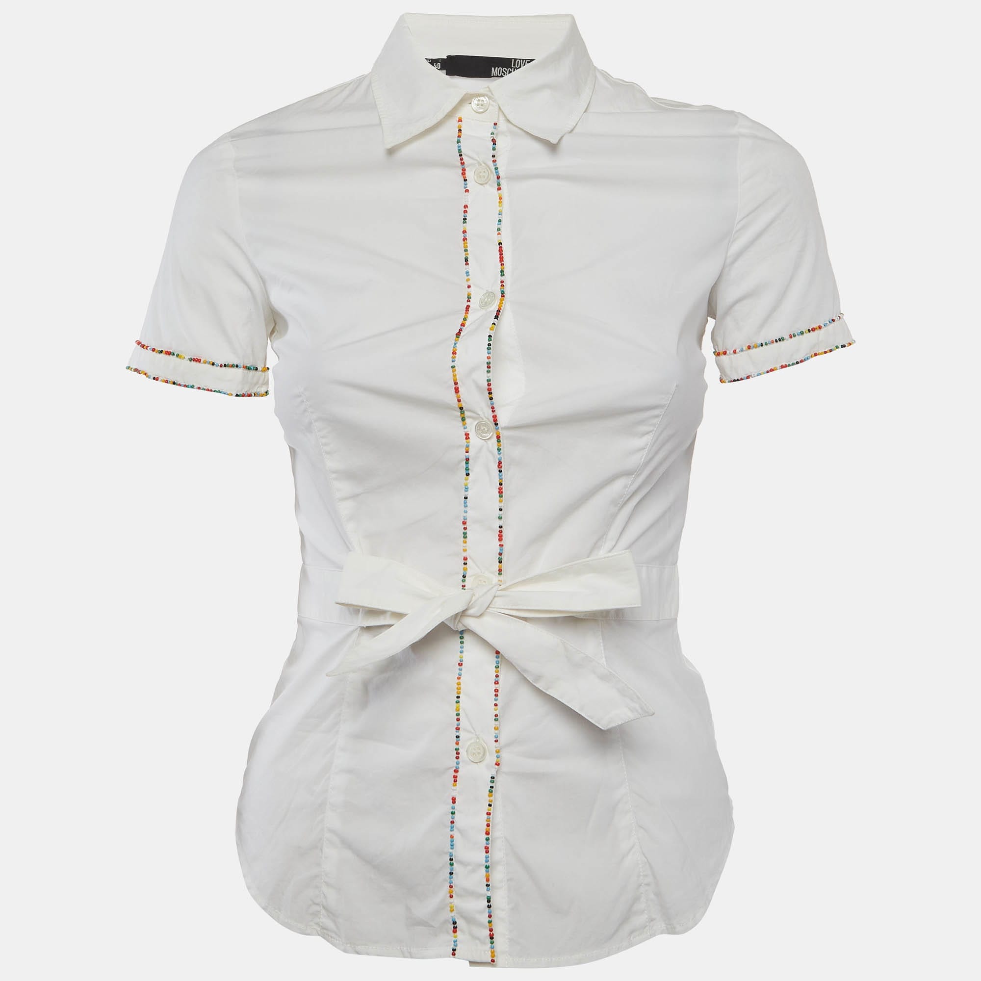 Love Moschino White Beaded Cotton Belted Shirt