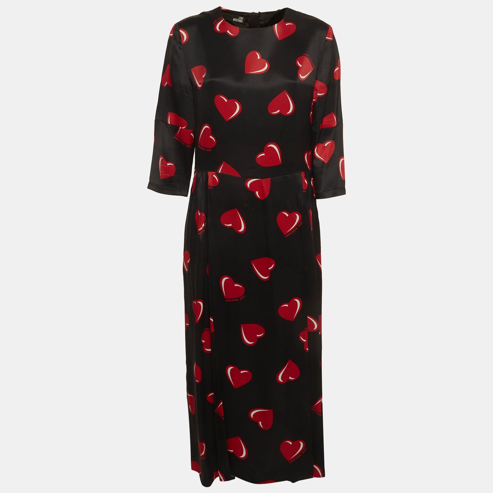 Love Moschino Black Heart Print Satin Flared Midi Dress