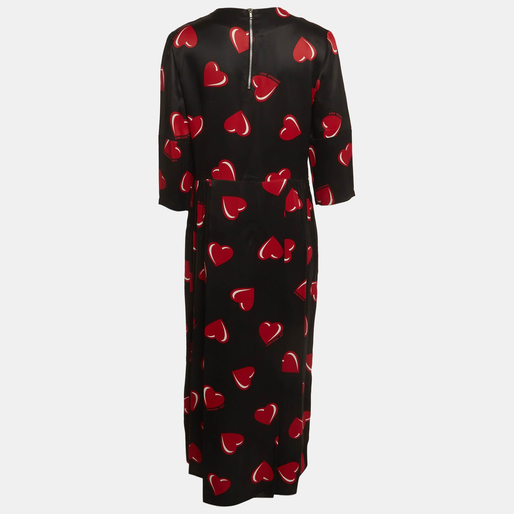 Love Moschino Black Heart Print Satin Flared Midi Dress