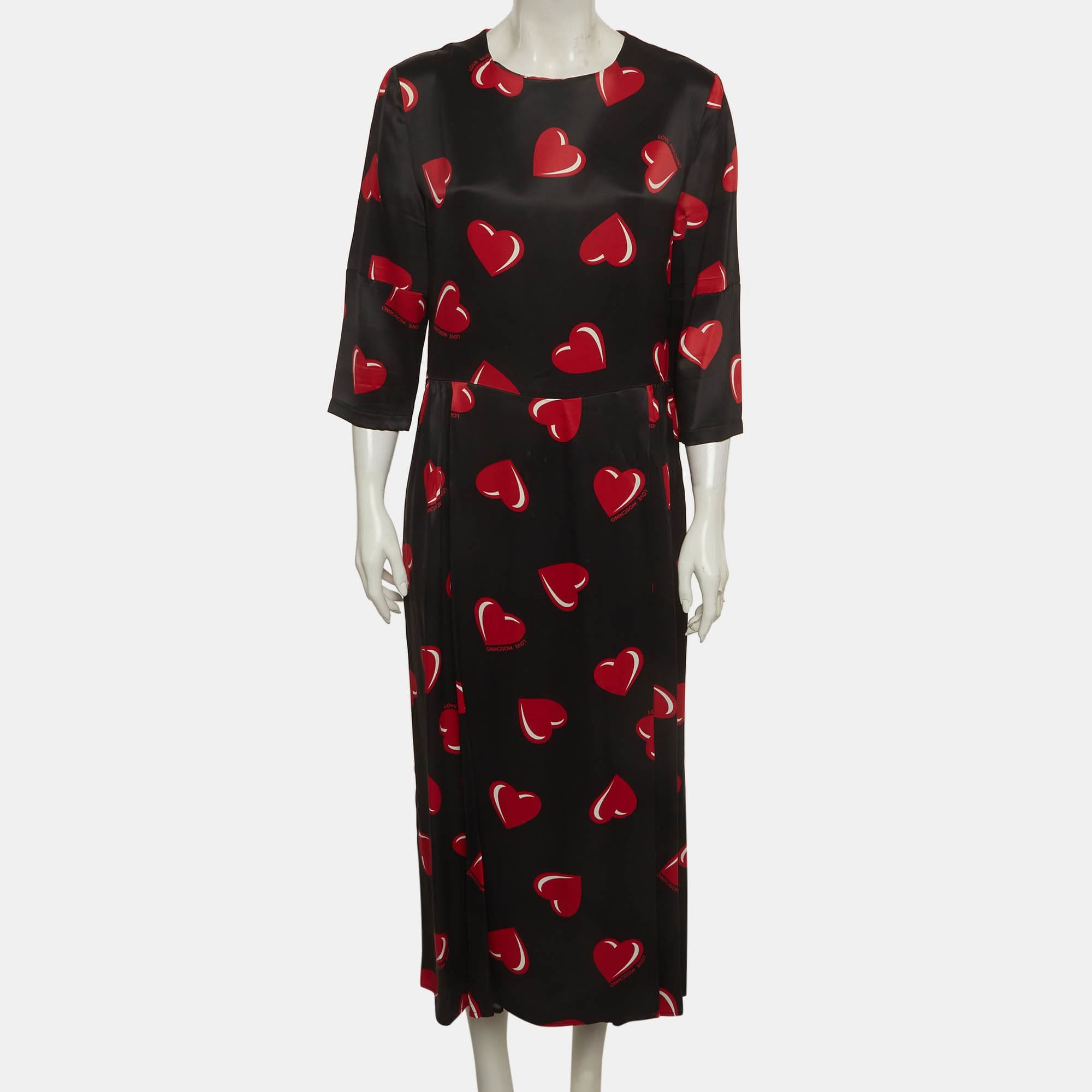 Love Moschino Black Heart Print Satin Flared Midi Dress