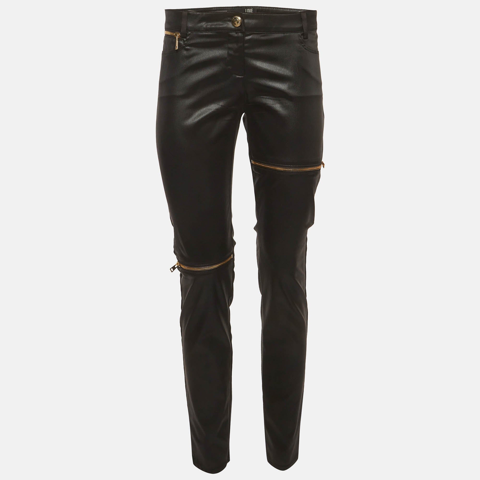 Love Moschino Black/gold Leather Zipped Slim Fit Pants