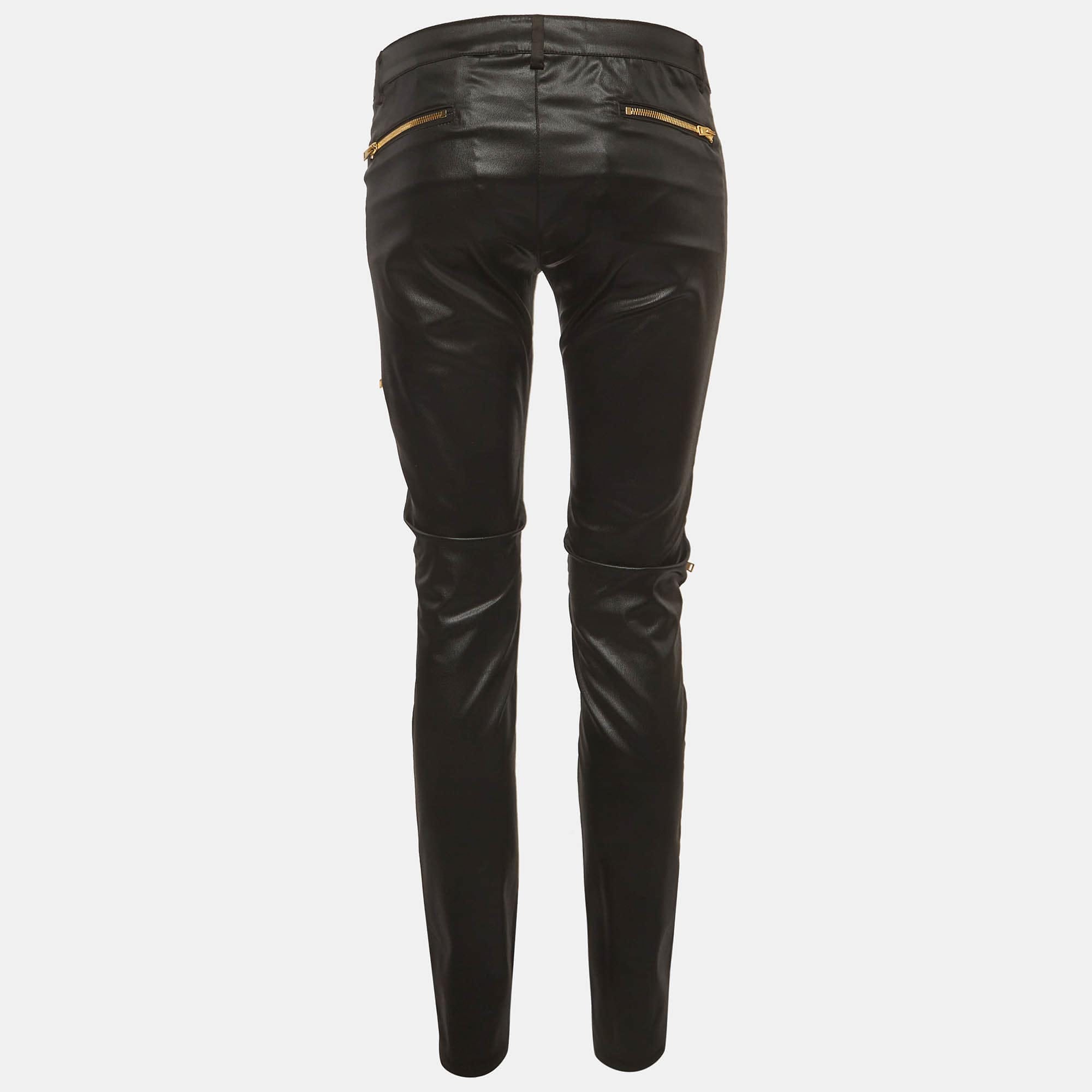 Love Moschino Black/gold Leather Zipped Slim Fit Pants