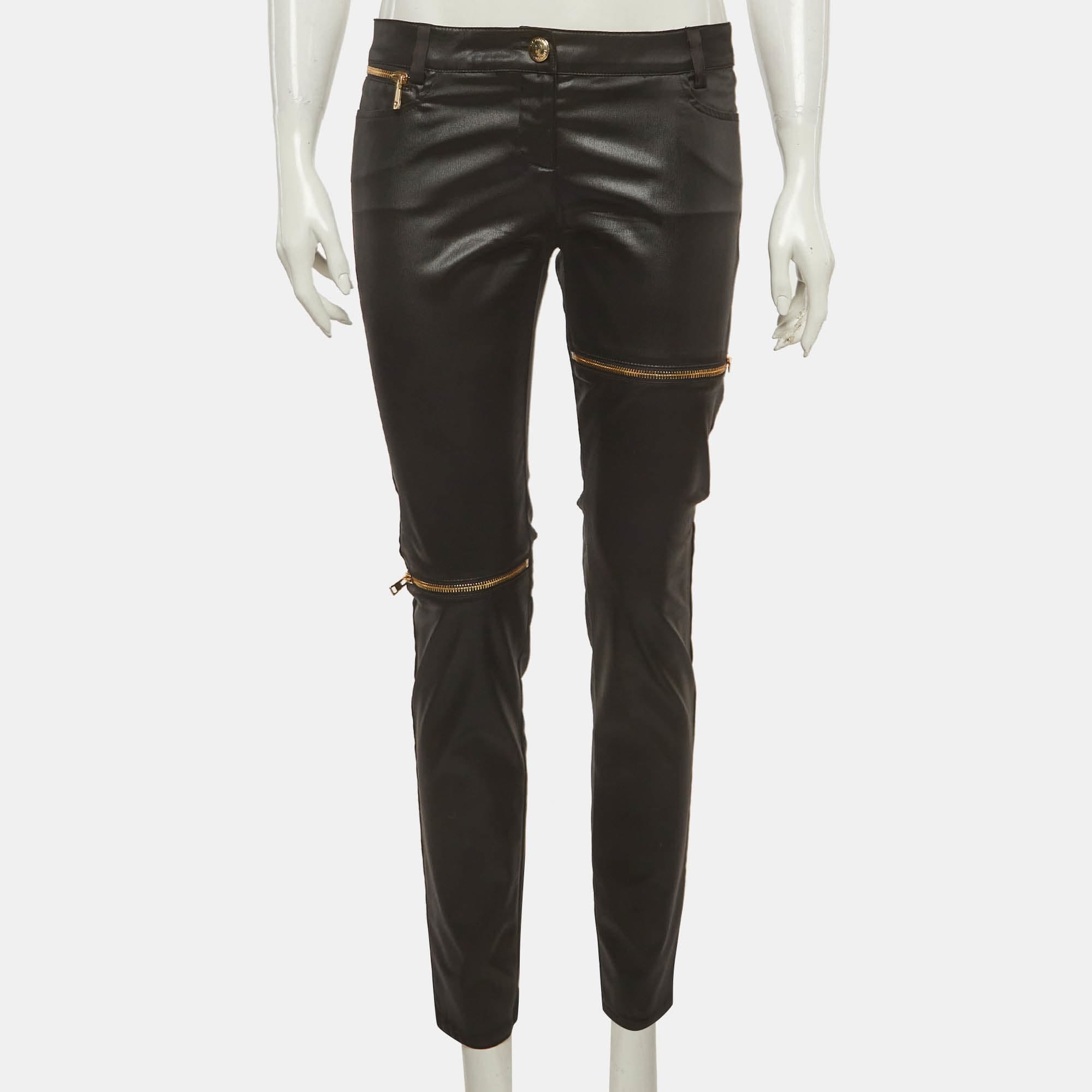 Love Moschino Black/gold Leather Zipped Slim Fit Pants