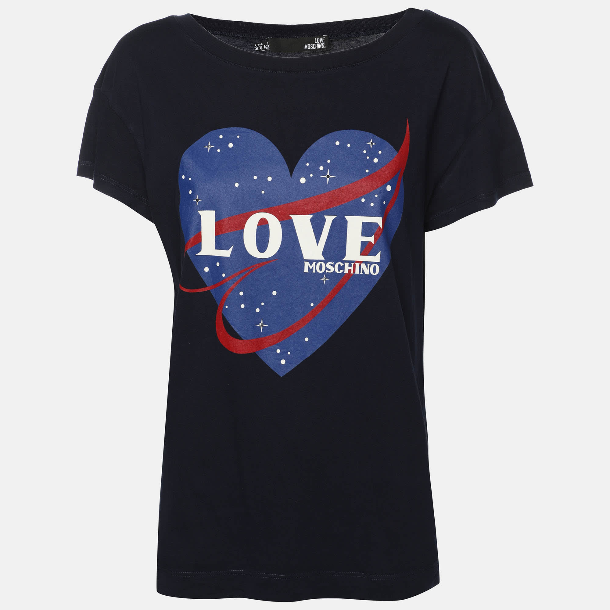 Love Moschino Dark Blue Heart Print Fabric T - Shirt