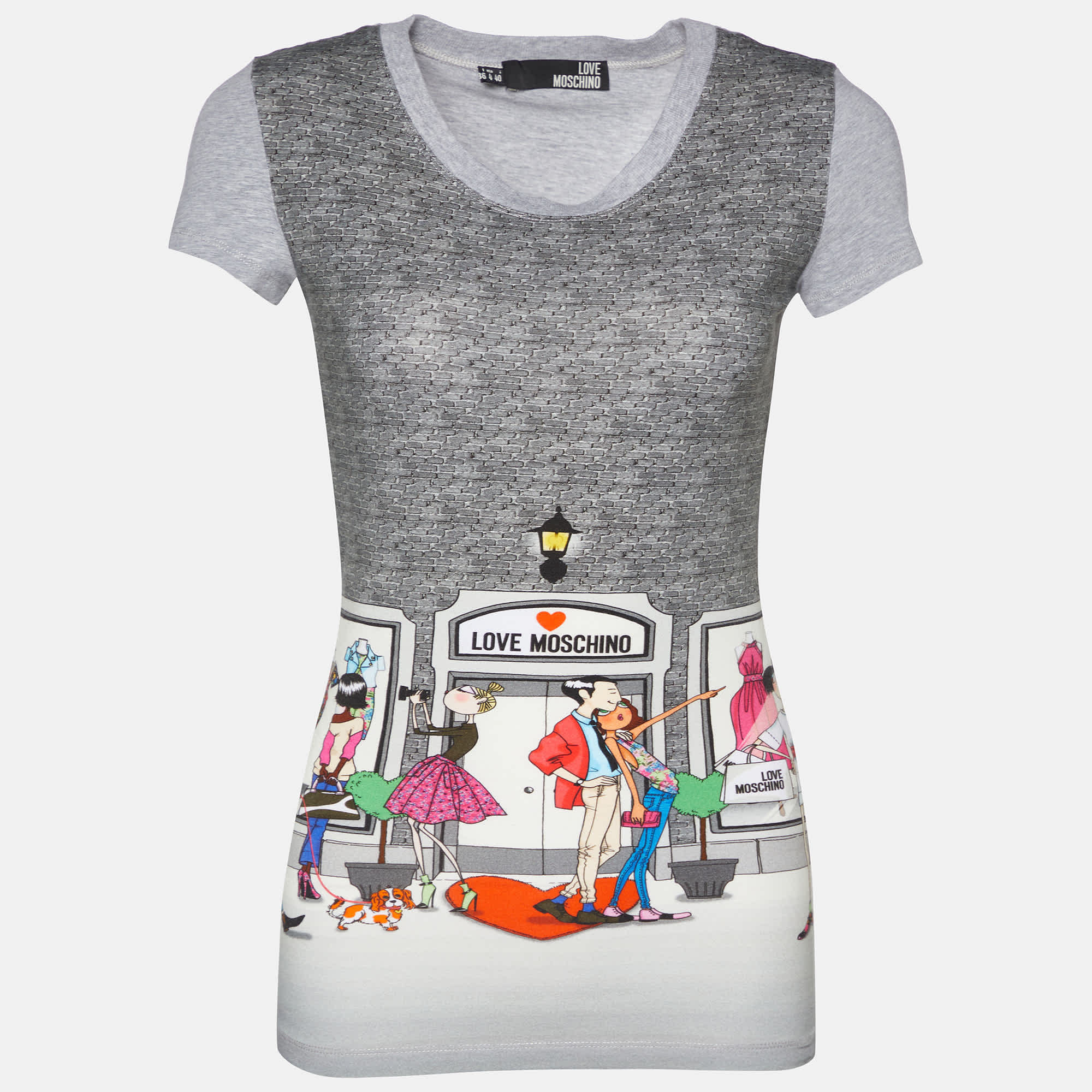 Love Moschino Grey Printed Cotton Knit Round Neck T - Shirt