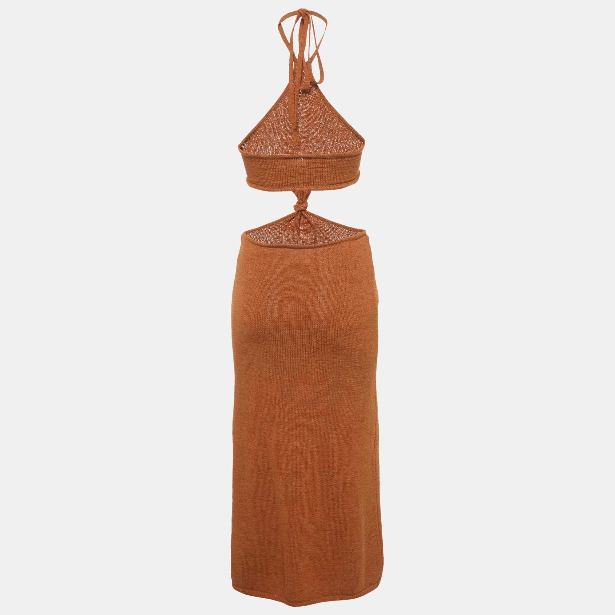 Cult Gaia Brown Knit Cut - Out Waist Halter Neck Maxi Dress