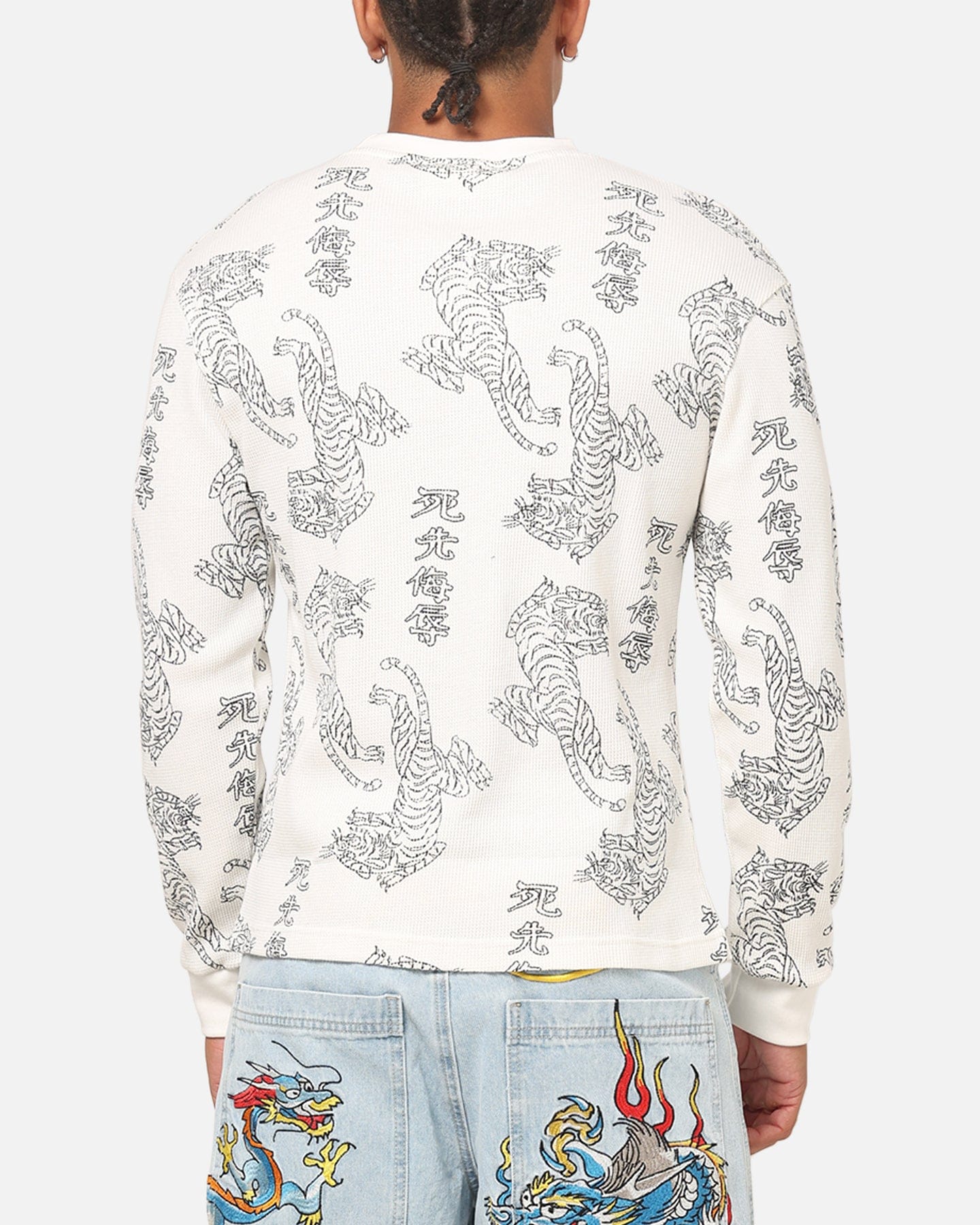 Ed Hardy Tiger Waffle Long Sleeve T - Shirt Off White
