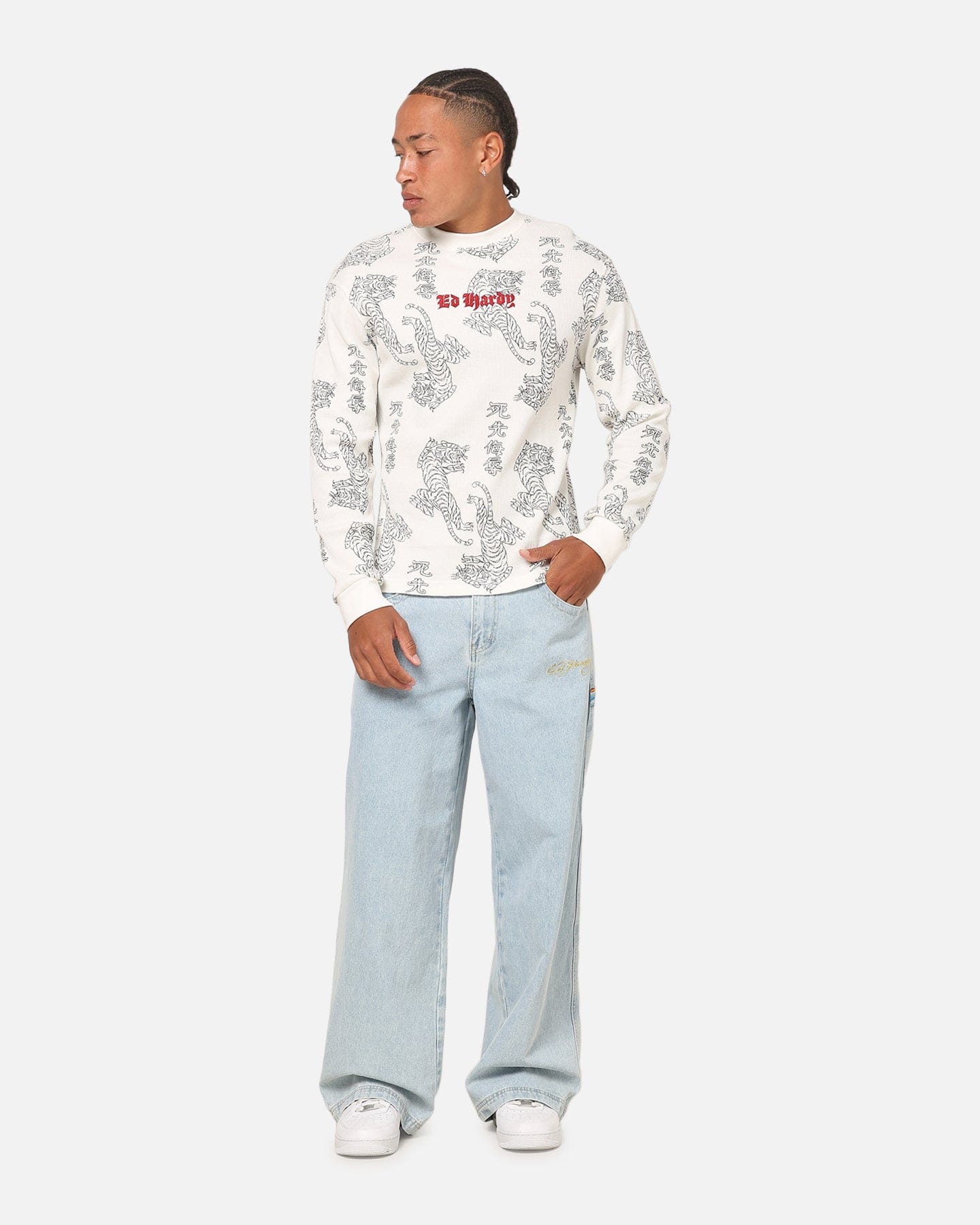 Ed Hardy Tiger Waffle Long Sleeve T - Shirt Off White