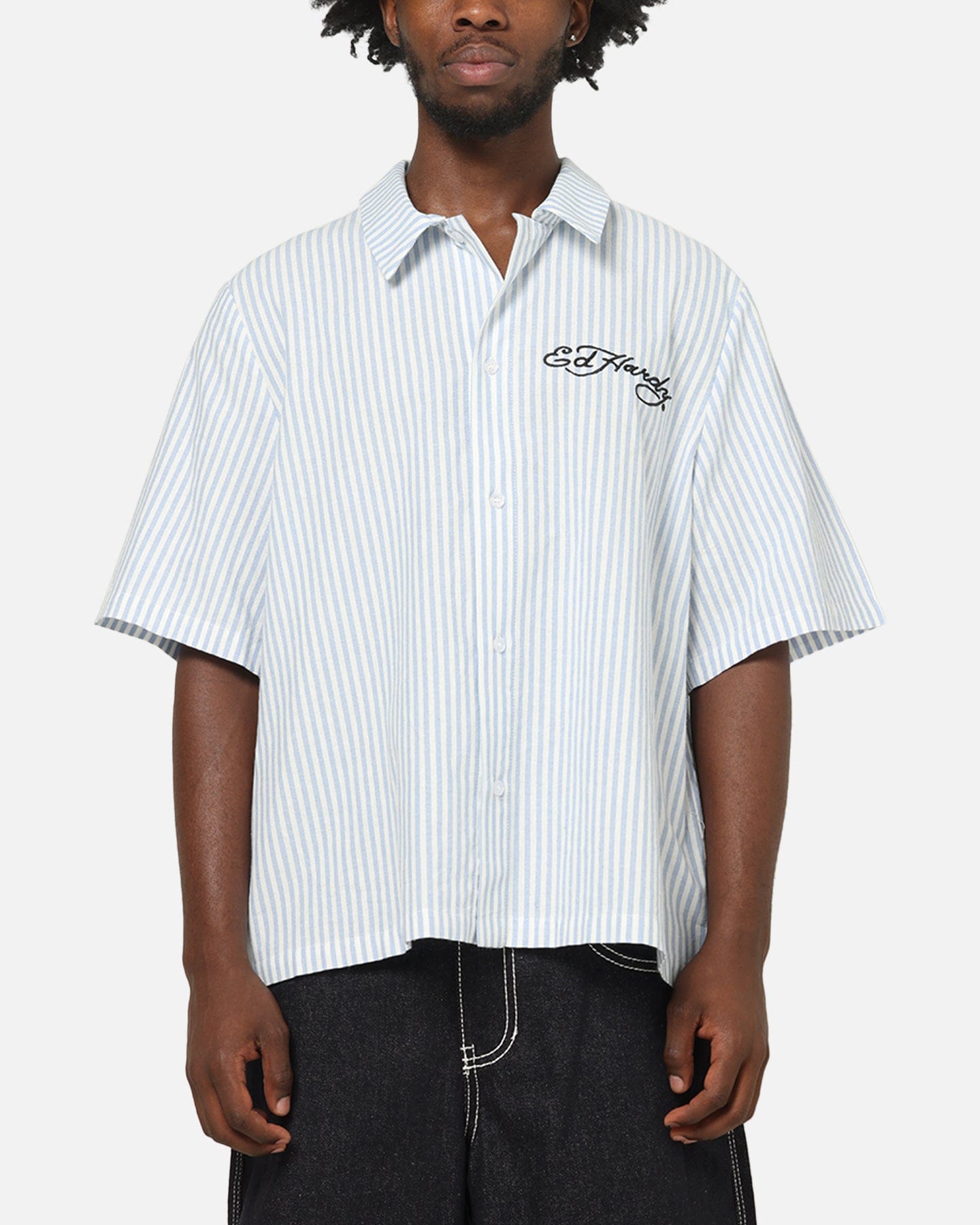 Ed Hardy Panther Button - Up Shirt Blue Pin Stripe