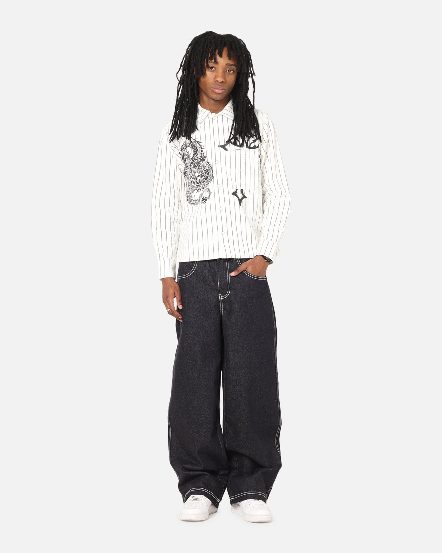 Ed Hardy Euro Button Up Shirt White Pinstripe