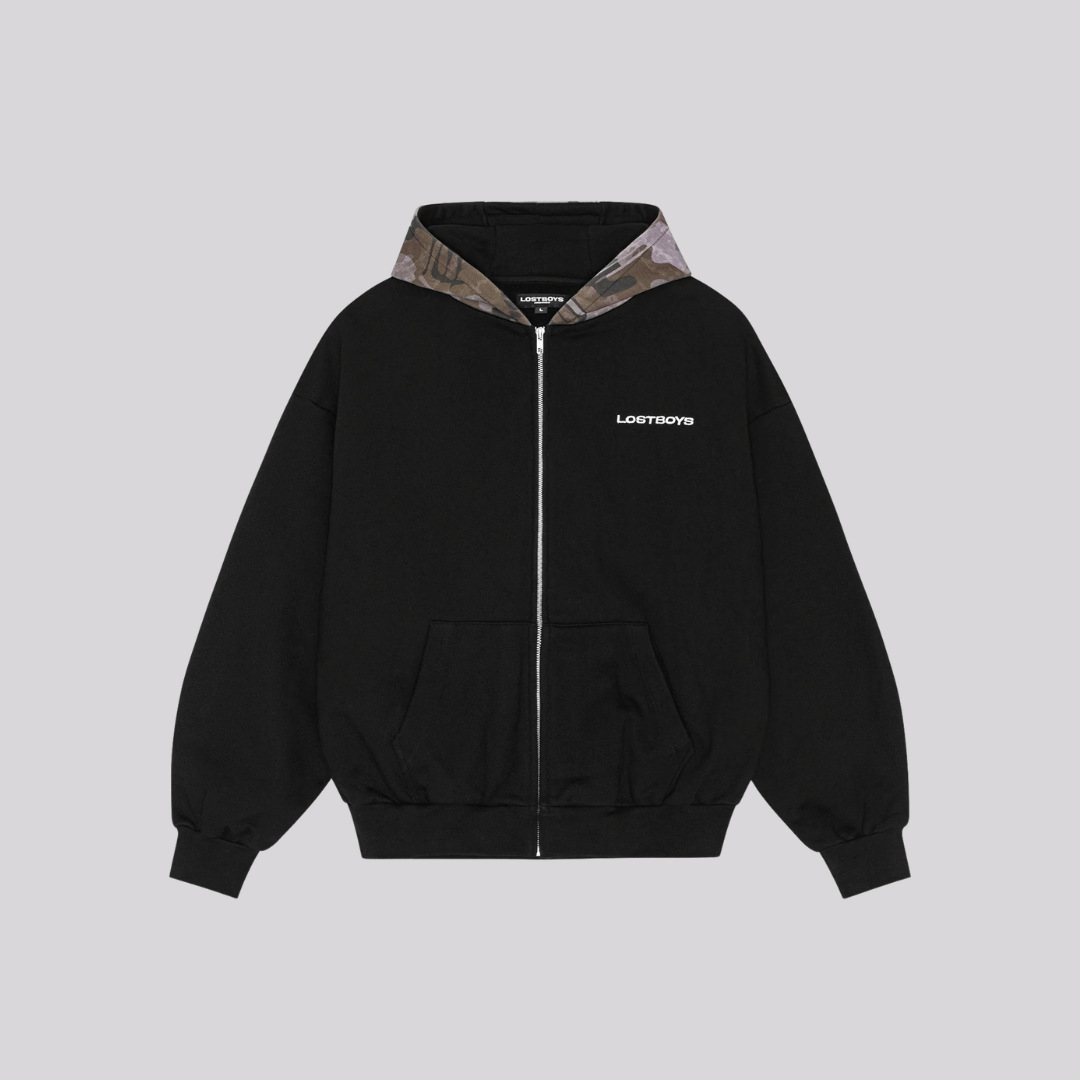 LOST BOYS Archives AOP CAMO HEAVYWEIGHT ZIP HOODIE BLACK