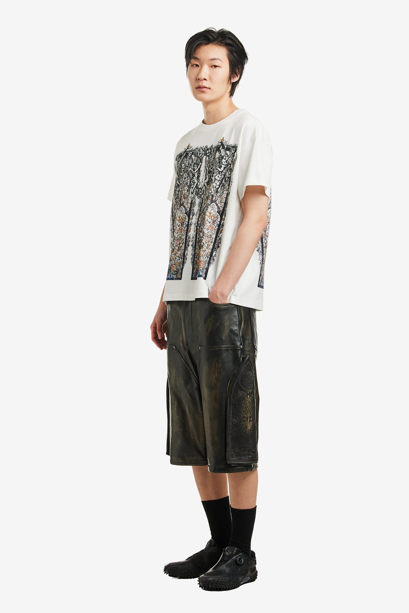 WHO Decides WAR SIDE EMBROIDERY MID LENGTH LEATHER SHORT