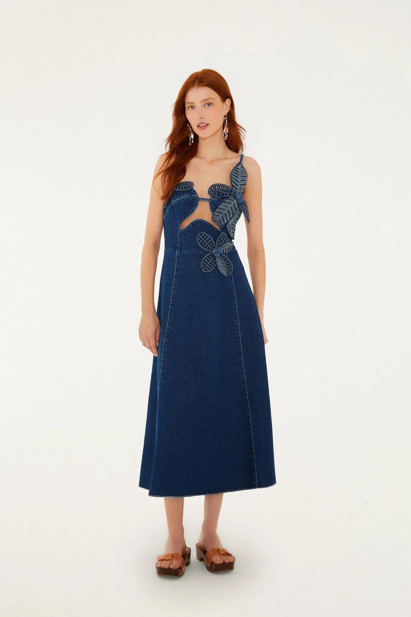 FARM RIO Floral Denim Flower Midi Dress in Blue