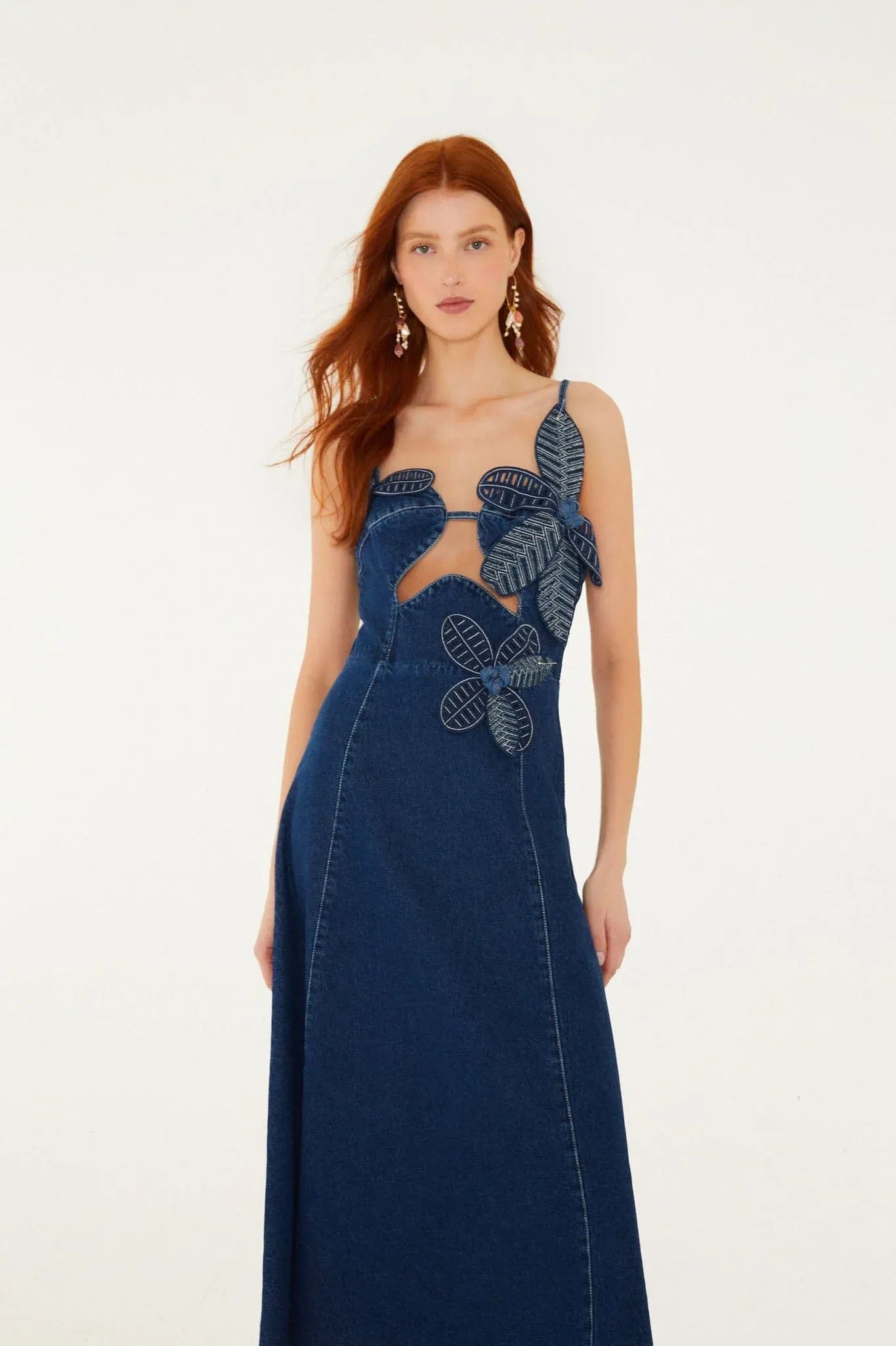 FARM RIO Floral Denim Flower Midi Dress in Blue