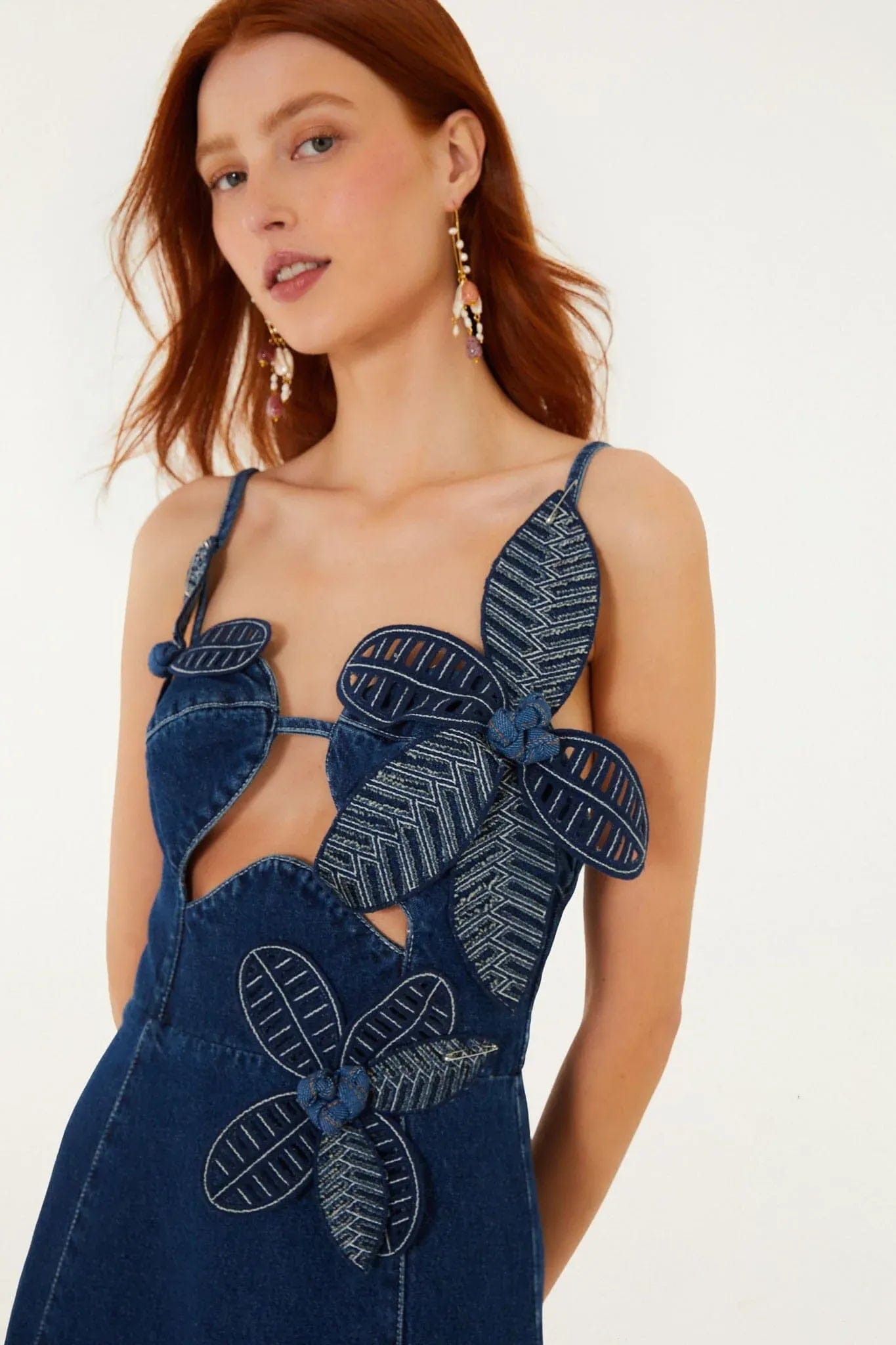 FARM RIO Floral Denim Flower Midi Dress in Blue