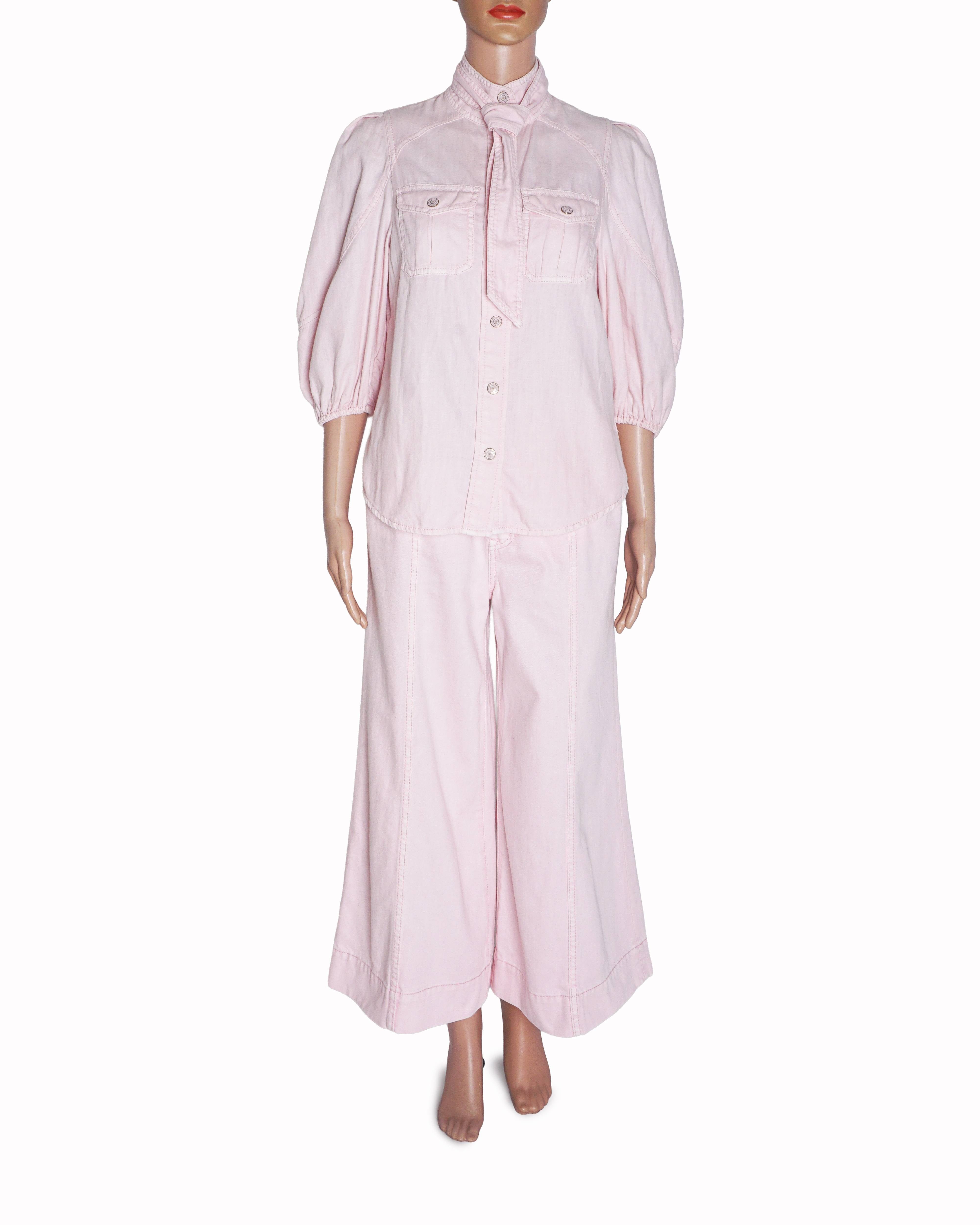 Zimmermann Pastel Pink Denim Blouse & Wide - Leg Cropped Jeans Set