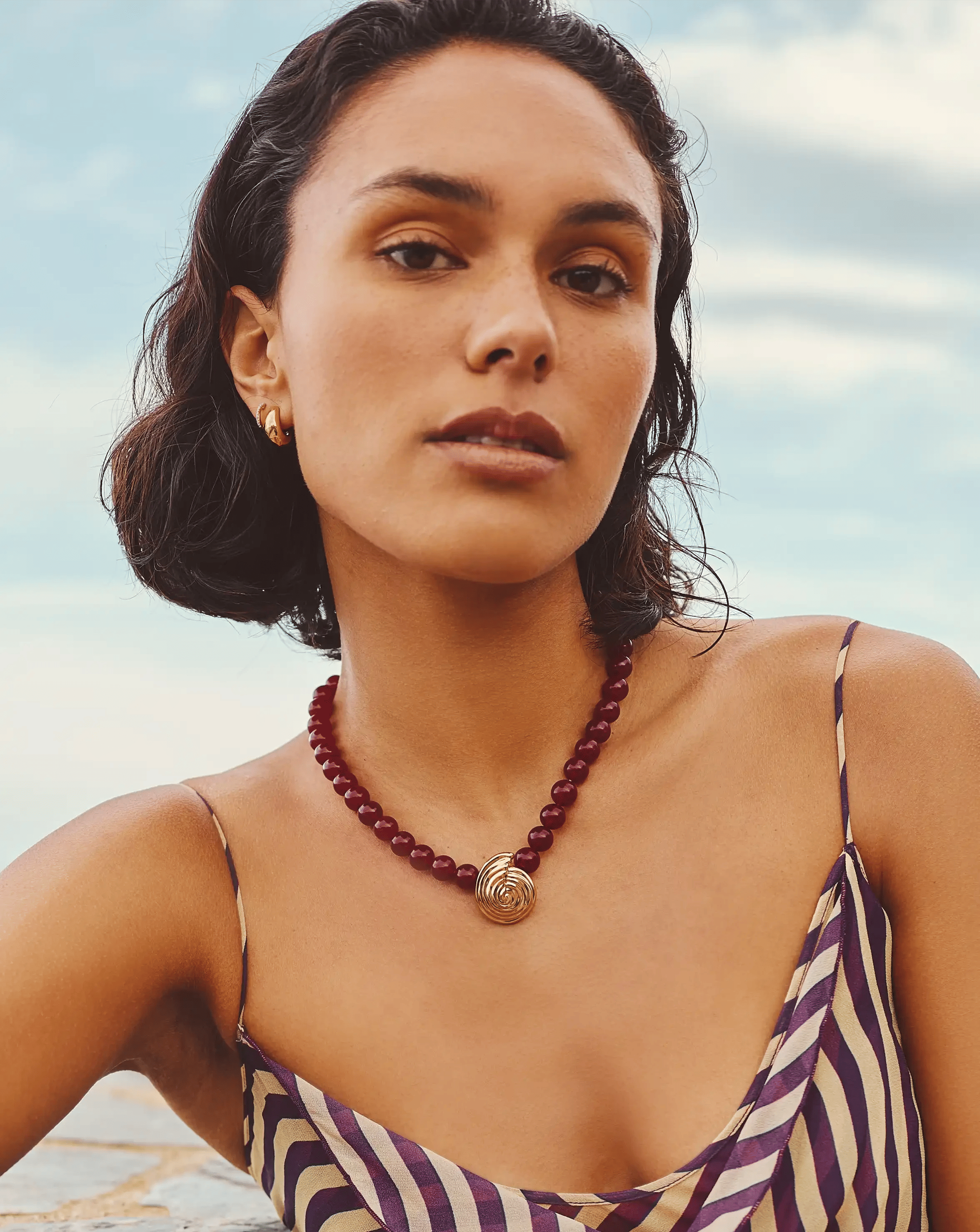 cherry Spiral Gemstone Beaded Pendant Necklace | 18ct Gold Plated/Dark Cherry Crystal Quartz