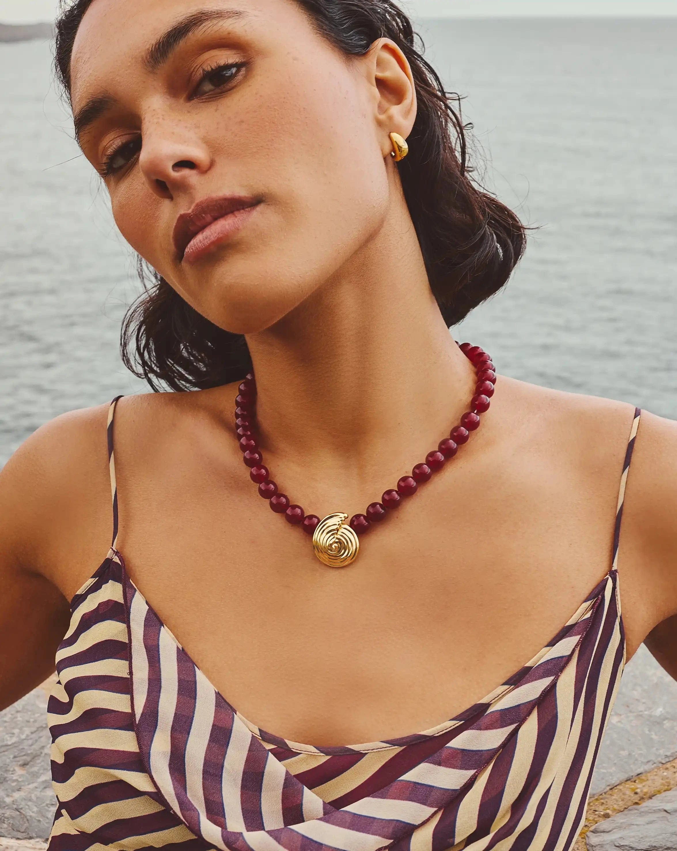 cherry Spiral Gemstone Beaded Pendant Necklace | 18ct Gold Plated/Dark Cherry Crystal Quartz