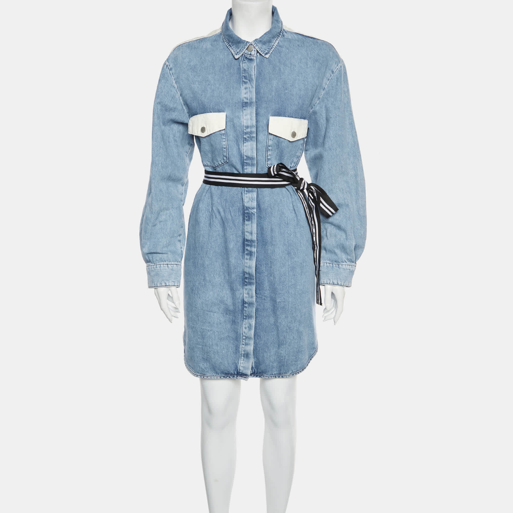 Maje Blue Cotton Belted Denim Midi Dress