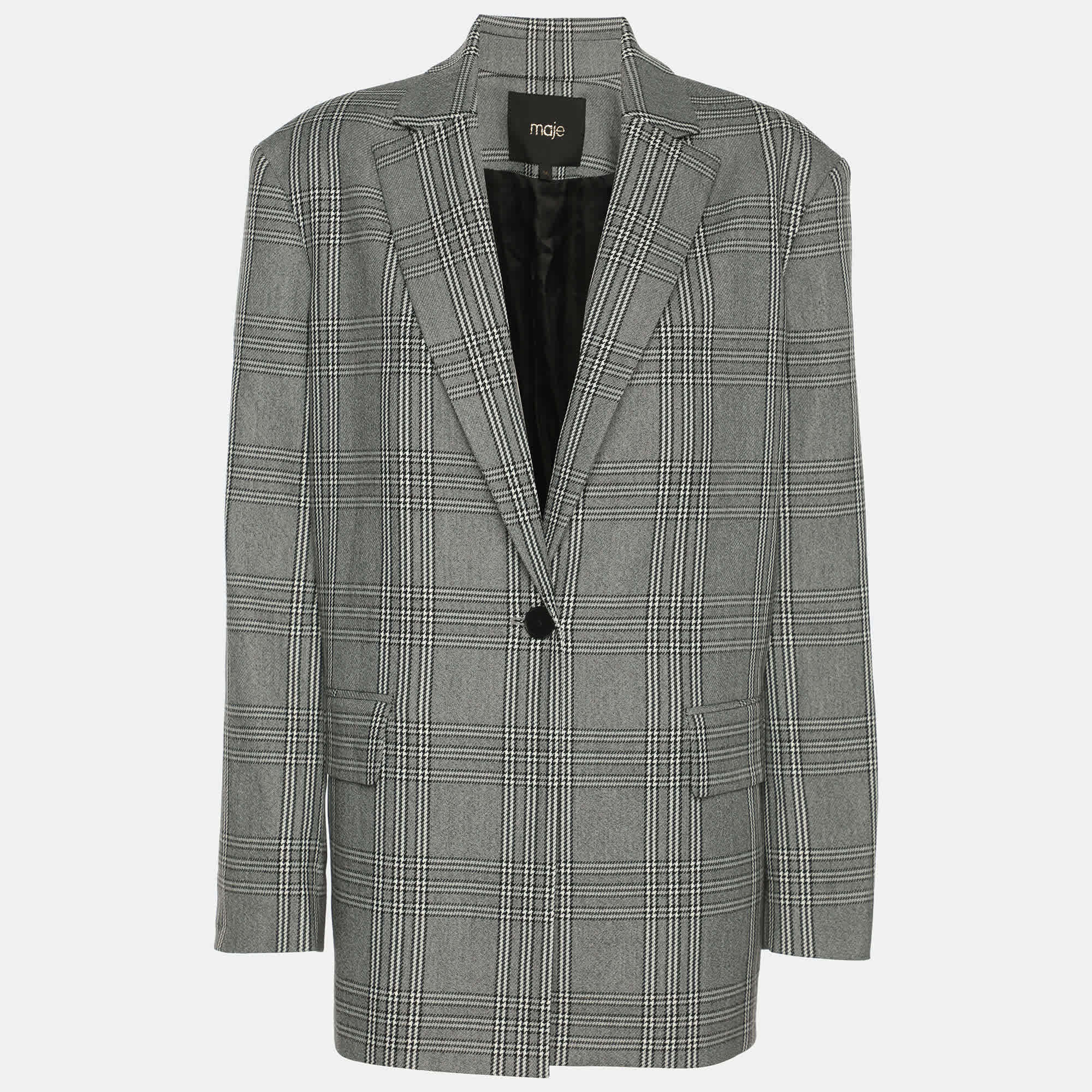 Maje Grey Checked Gabbardine Single Breasted Blazer