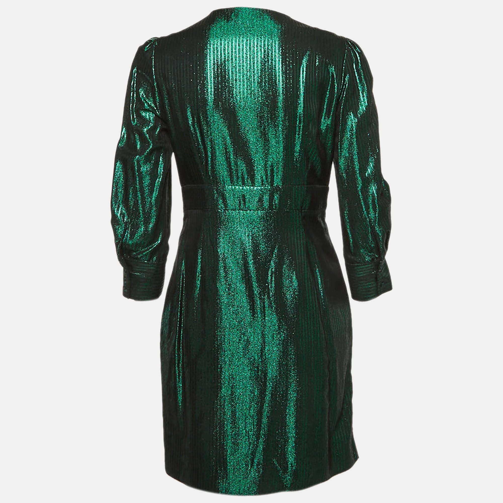 Maje Green Herringbone Lurex Frilled Mini Dress