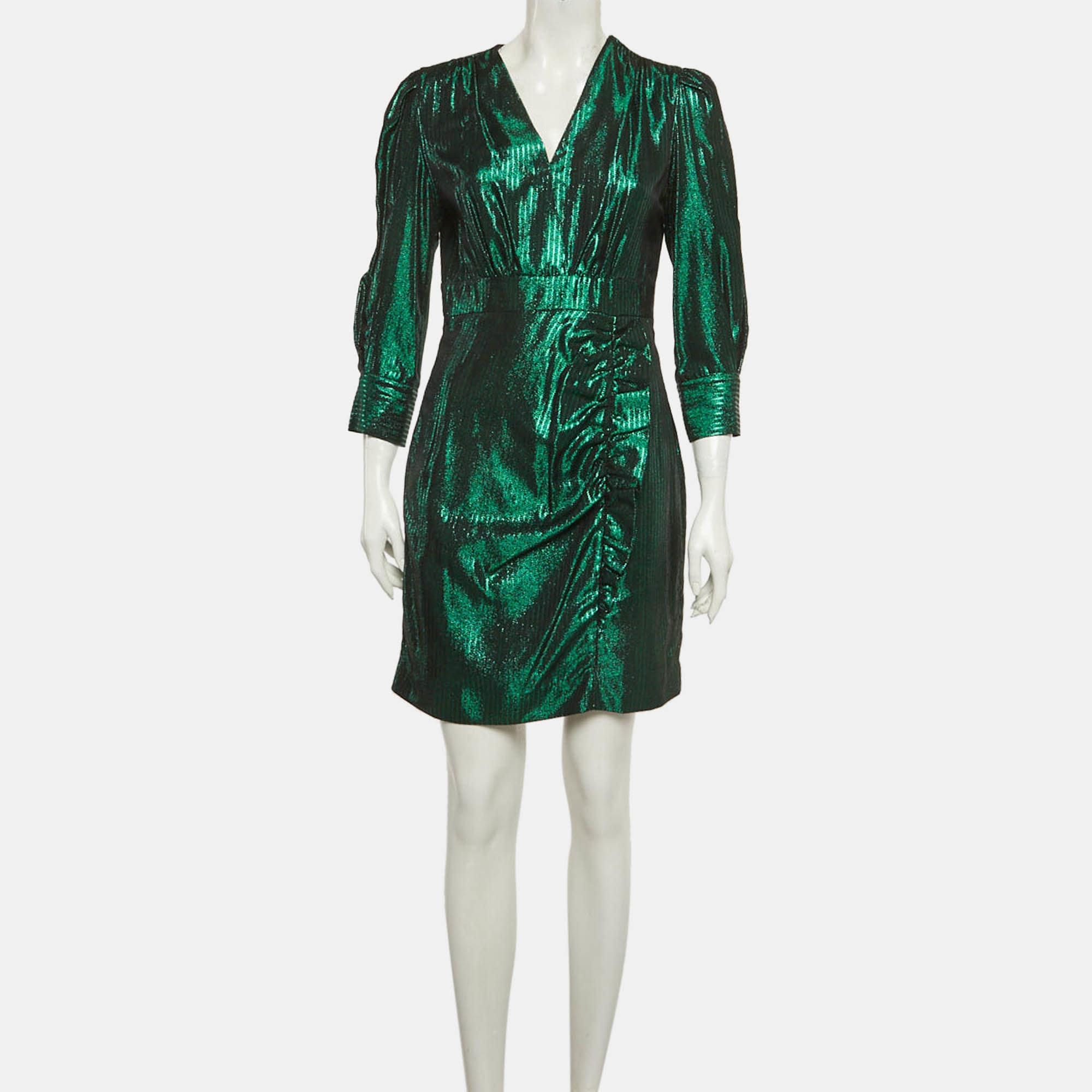 Maje Green Herringbone Lurex Frilled Mini Dress