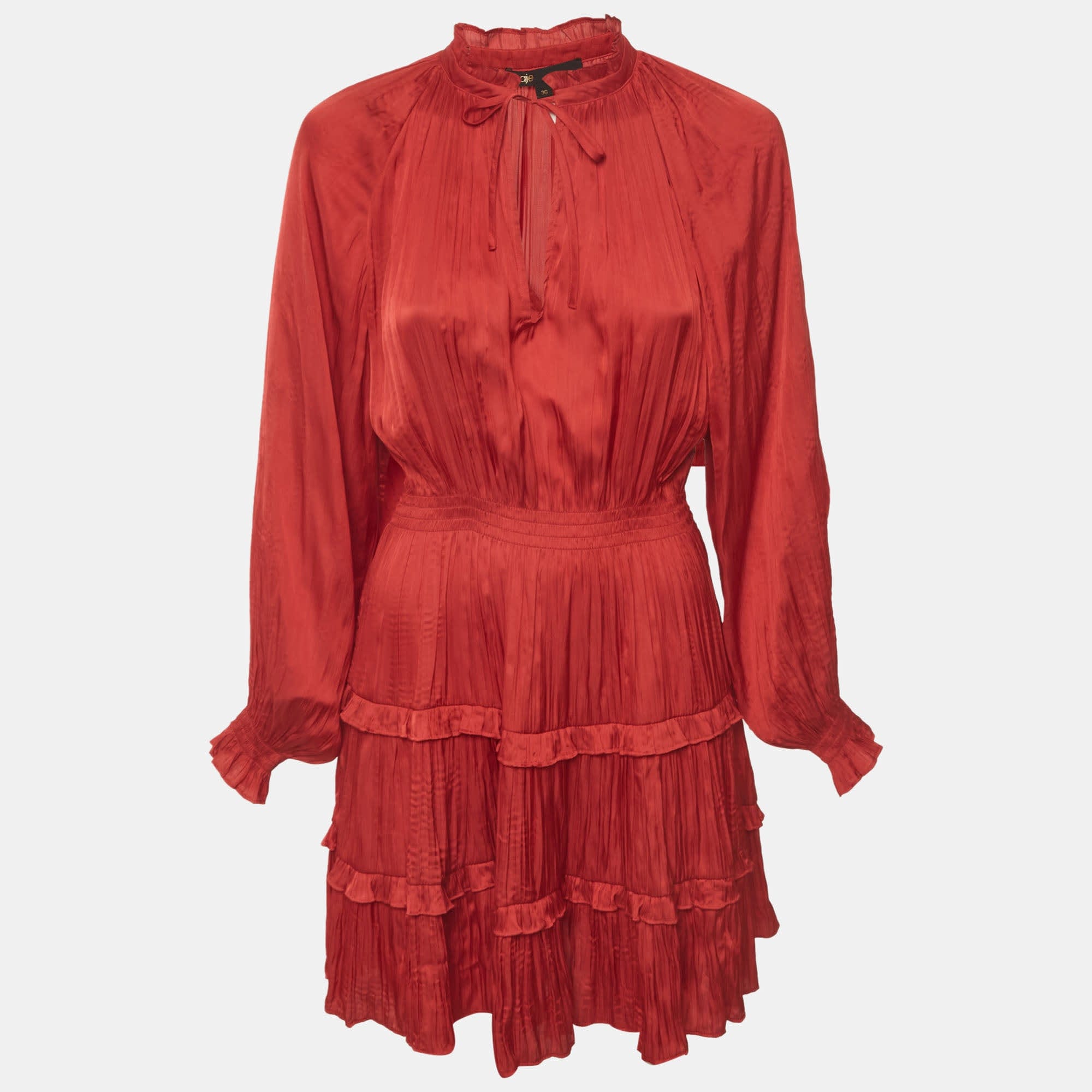 Maje Red Fluid Pleated Satin Ruffle Mini Dress