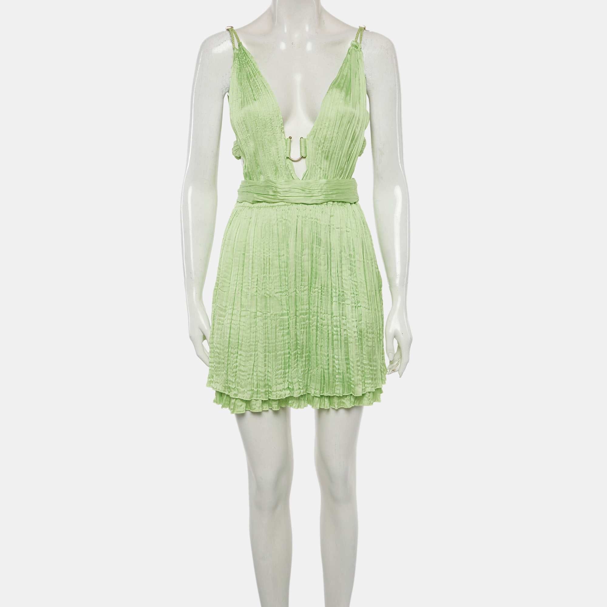 Maje Lime Green Satin Plissé Plunge Neck Mini Dress