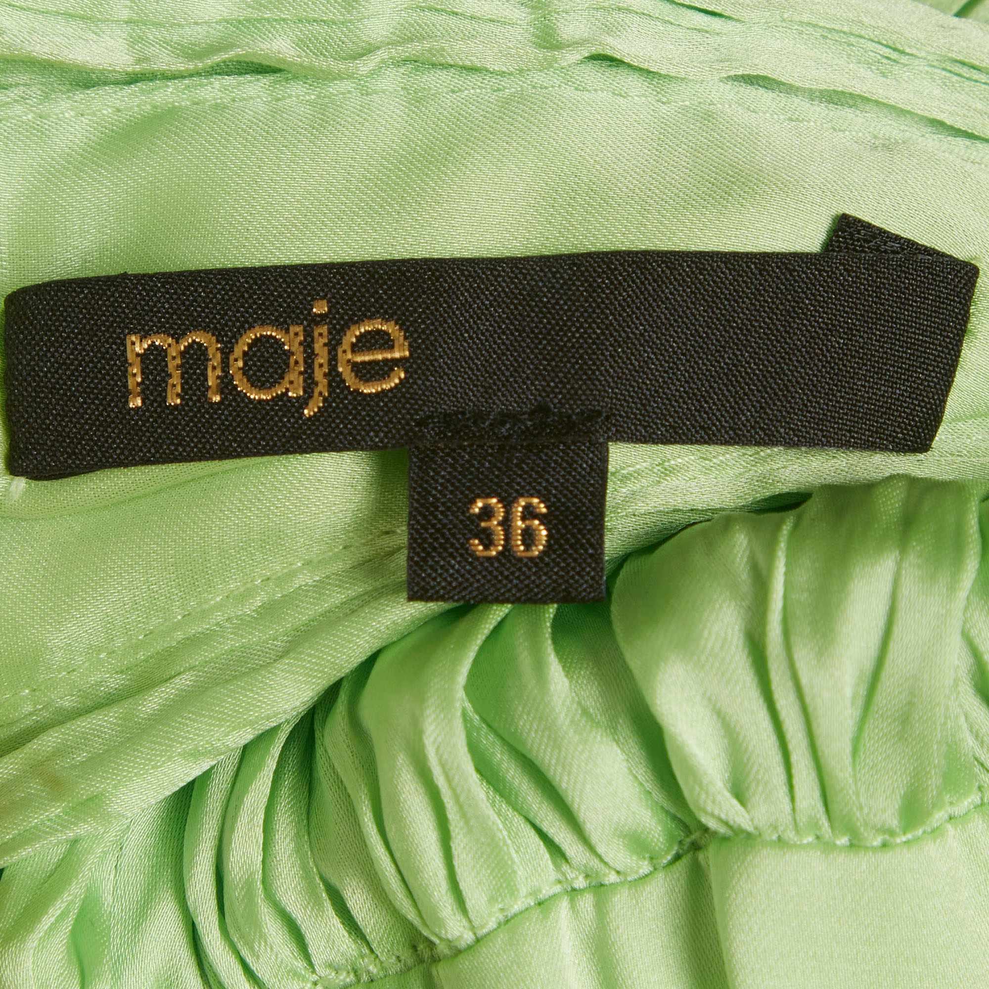 Maje Lime Green Satin Plissé Plunge Neck Mini Dress