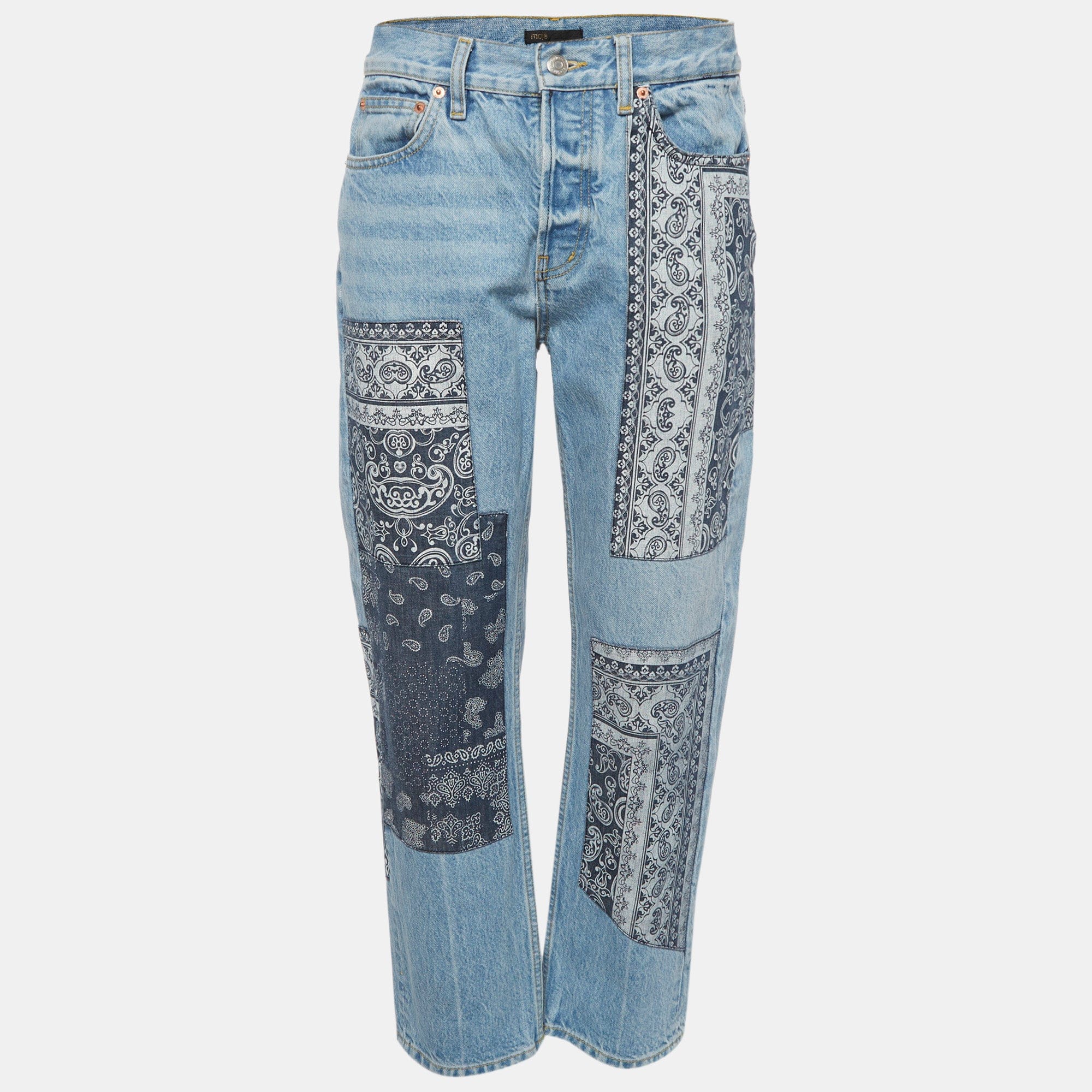 Maje Blue Denim Paisley Print Patchwork High Rise Jeans M/waist