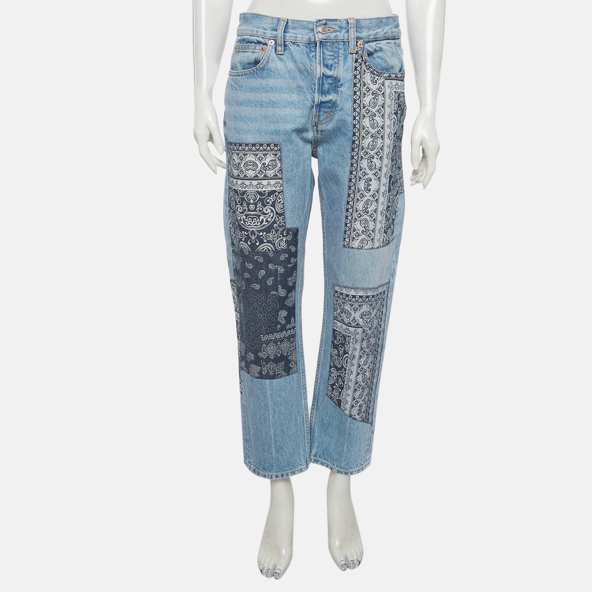 Maje Blue Denim Paisley Print Patchwork High Rise Jeans M/waist