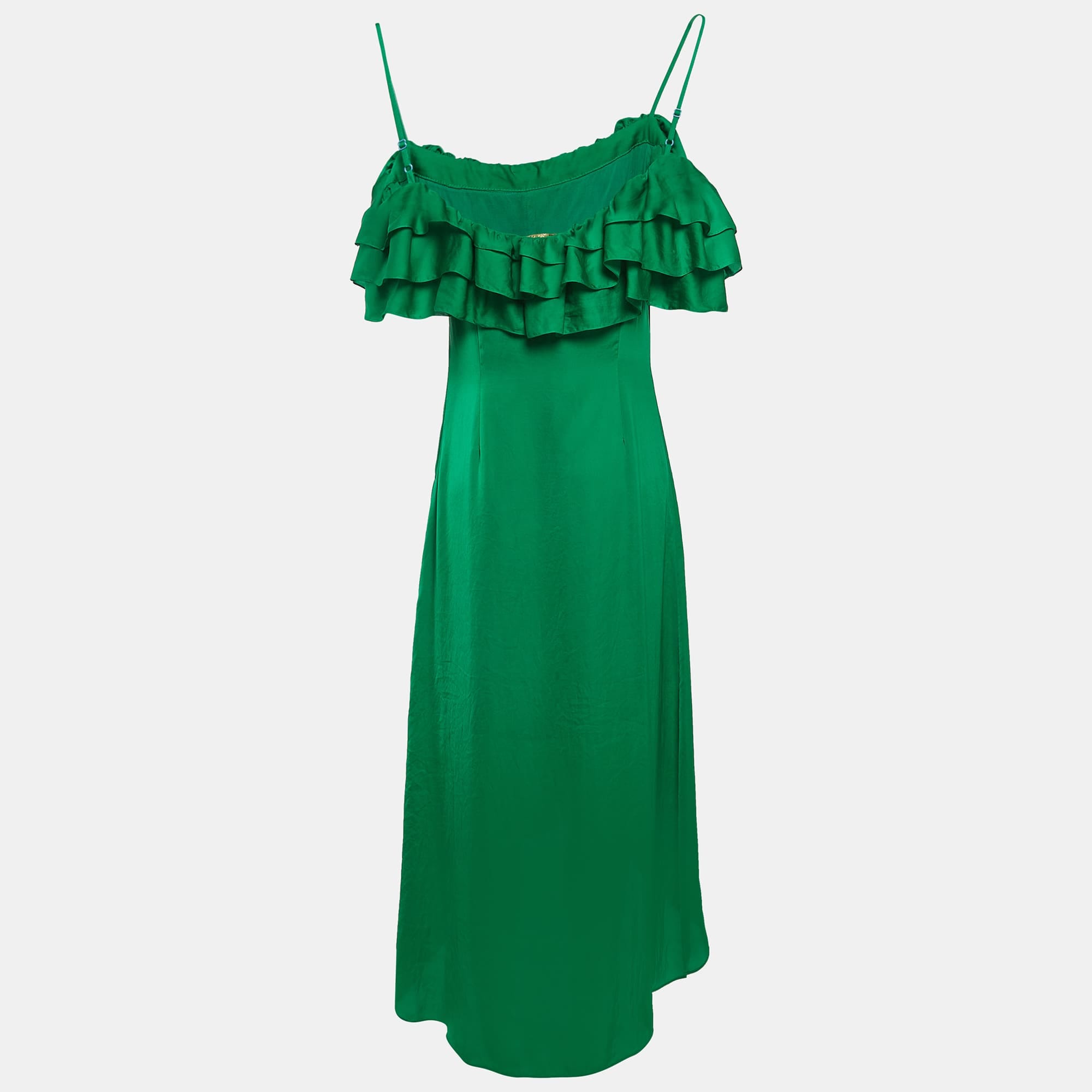 Maje Green Satin Ruffled Rovanta Midi Dress