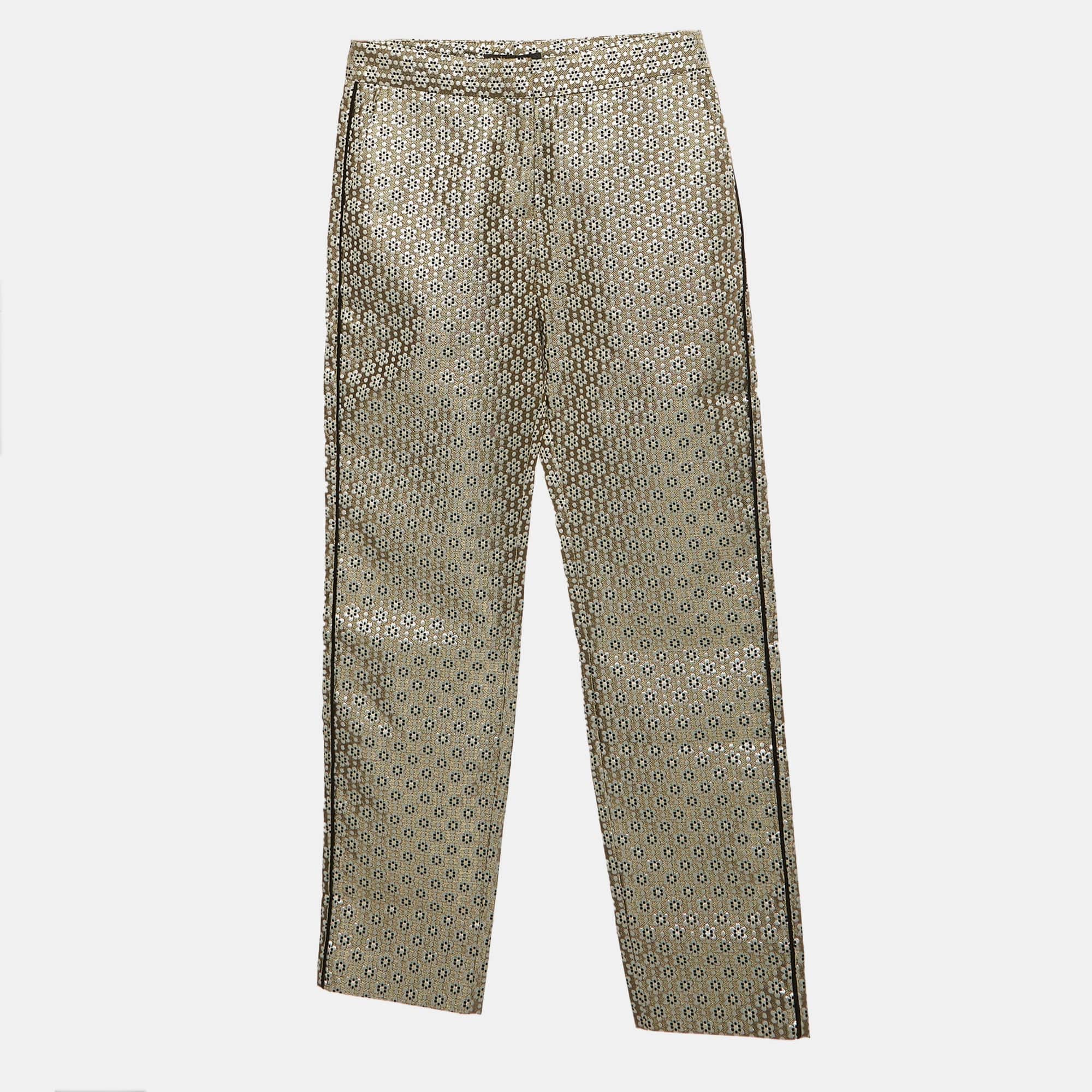 Maje Beige/metallic Floral Jacquard Straight Fit Trousers