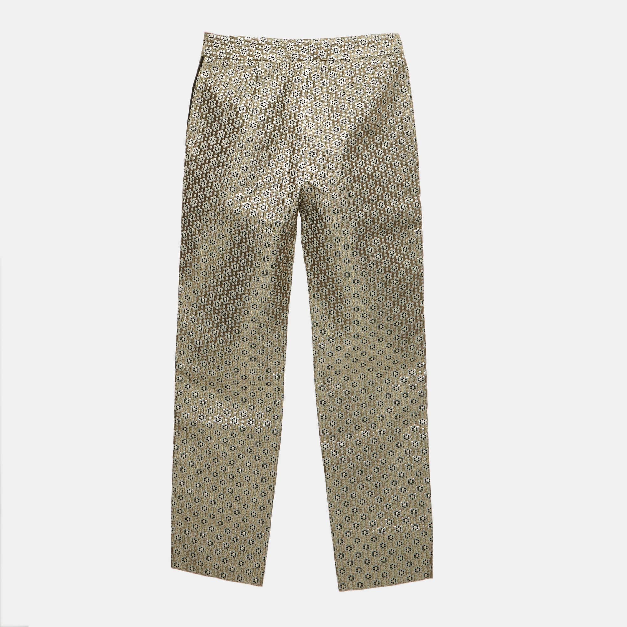 Maje Beige/metallic Floral Jacquard Straight Fit Trousers