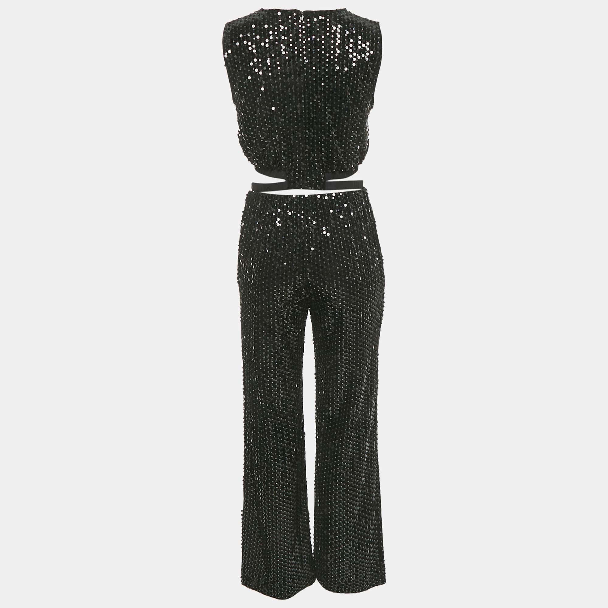 Maje Black Sequin Crop Top & Pants Set