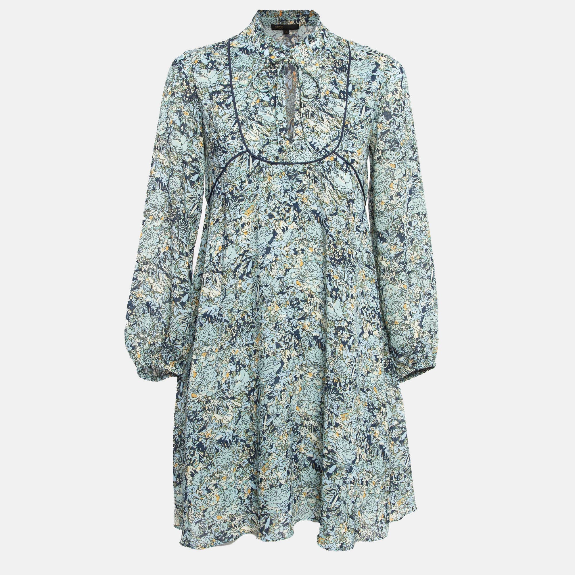 Maje Blue Printed Crepe Neck Tie - Up Mini Dress