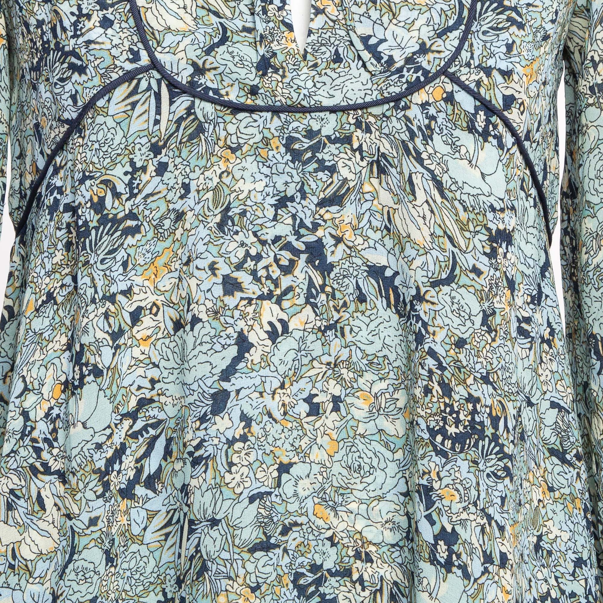Maje Blue Printed Crepe Neck Tie - Up Mini Dress