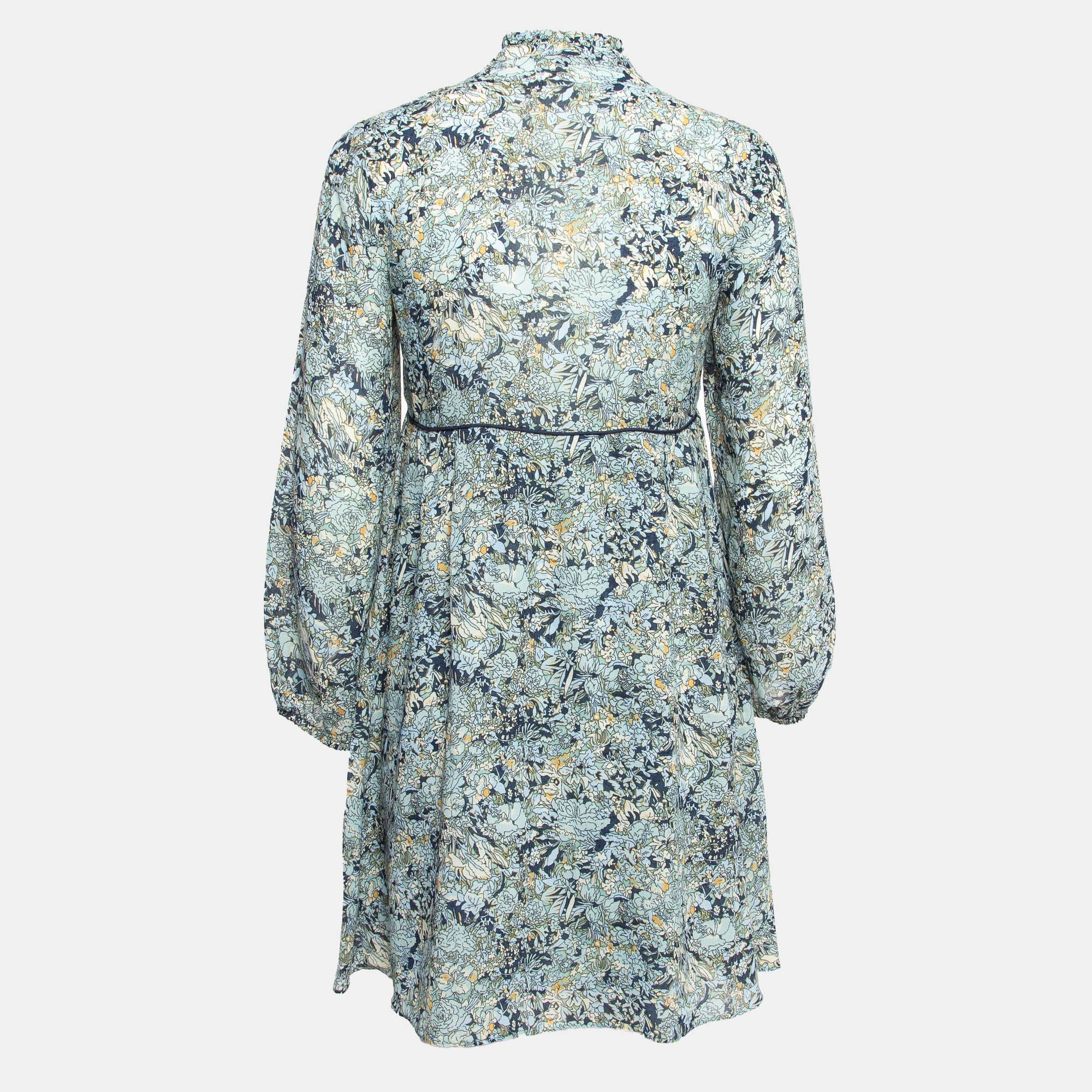 Maje Blue Printed Crepe Neck Tie - Up Mini Dress