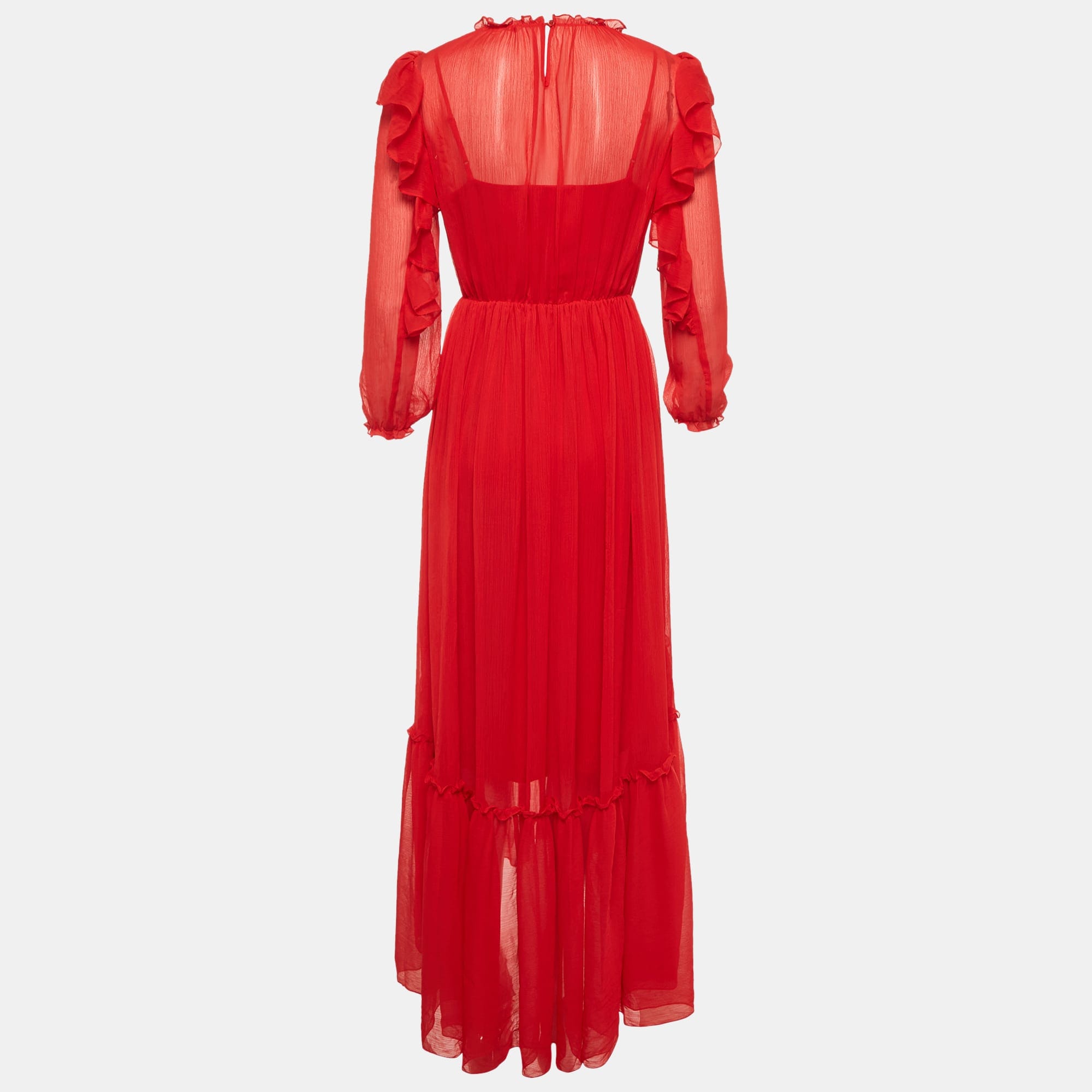 Maje Red Chiffon Ruffle Maxi Dress