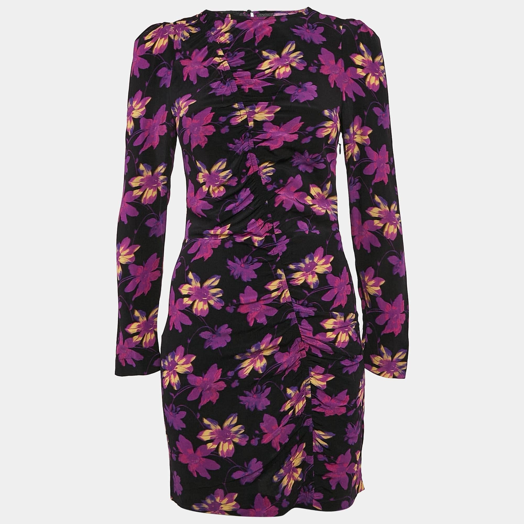 Maje Black Floral Ruched Long Sleeve Mini Dress